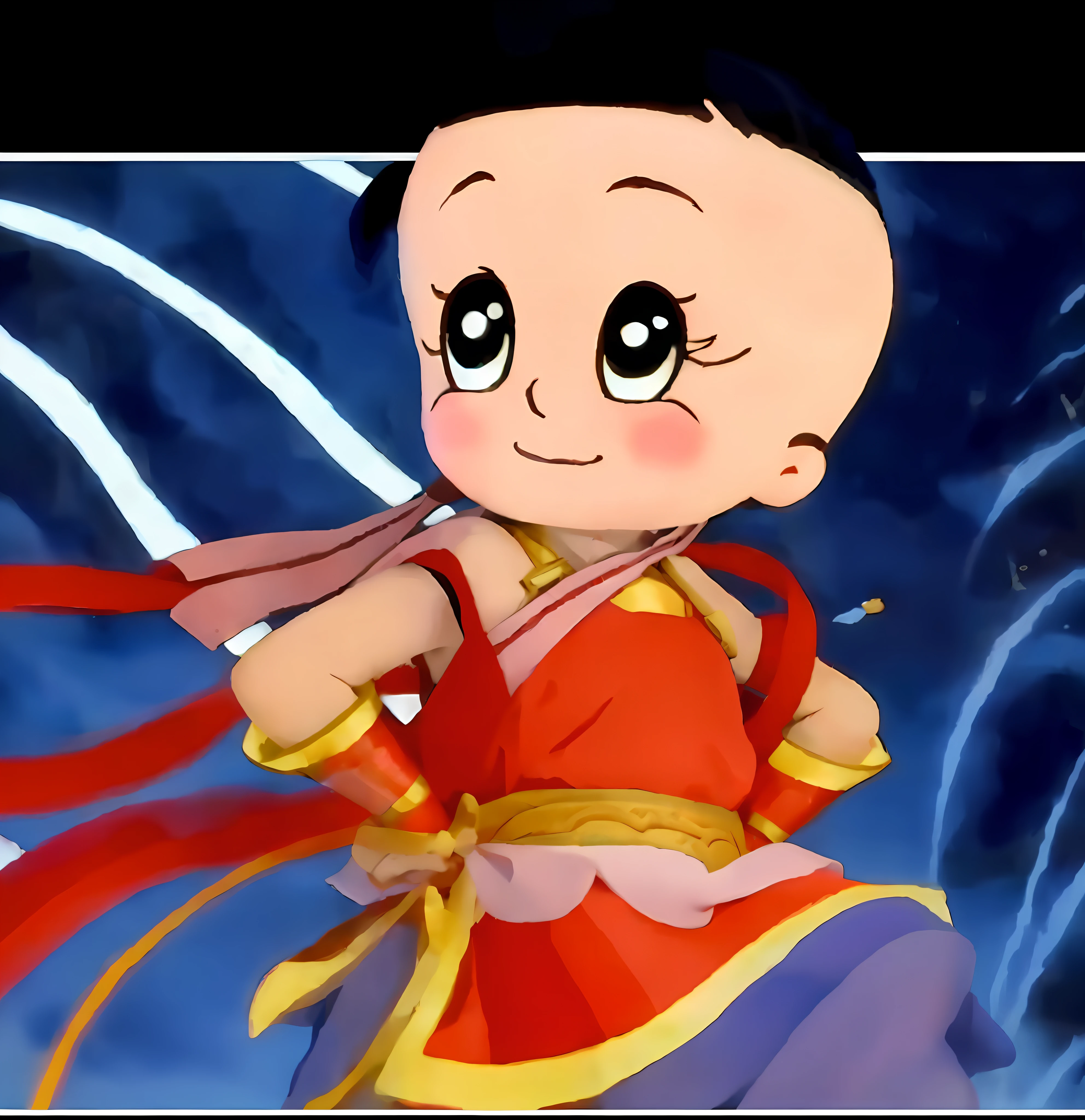 Close-up of a cartoon character wearing a red belly pocket, big head, big head, Akira in Chinese mythology, Nezha, high-grade light and shadow, skin color consistency, cupola braid on the head, cupola braid on the head, master work, super clear quality, normal head face, details, normal hands, mixed sky aya. Fire tip gun, qiankun circle, the same big ears, the same big ears, normal ears, facial details, expressions naturally looking forward, the scene is grand, the waves are monstrous