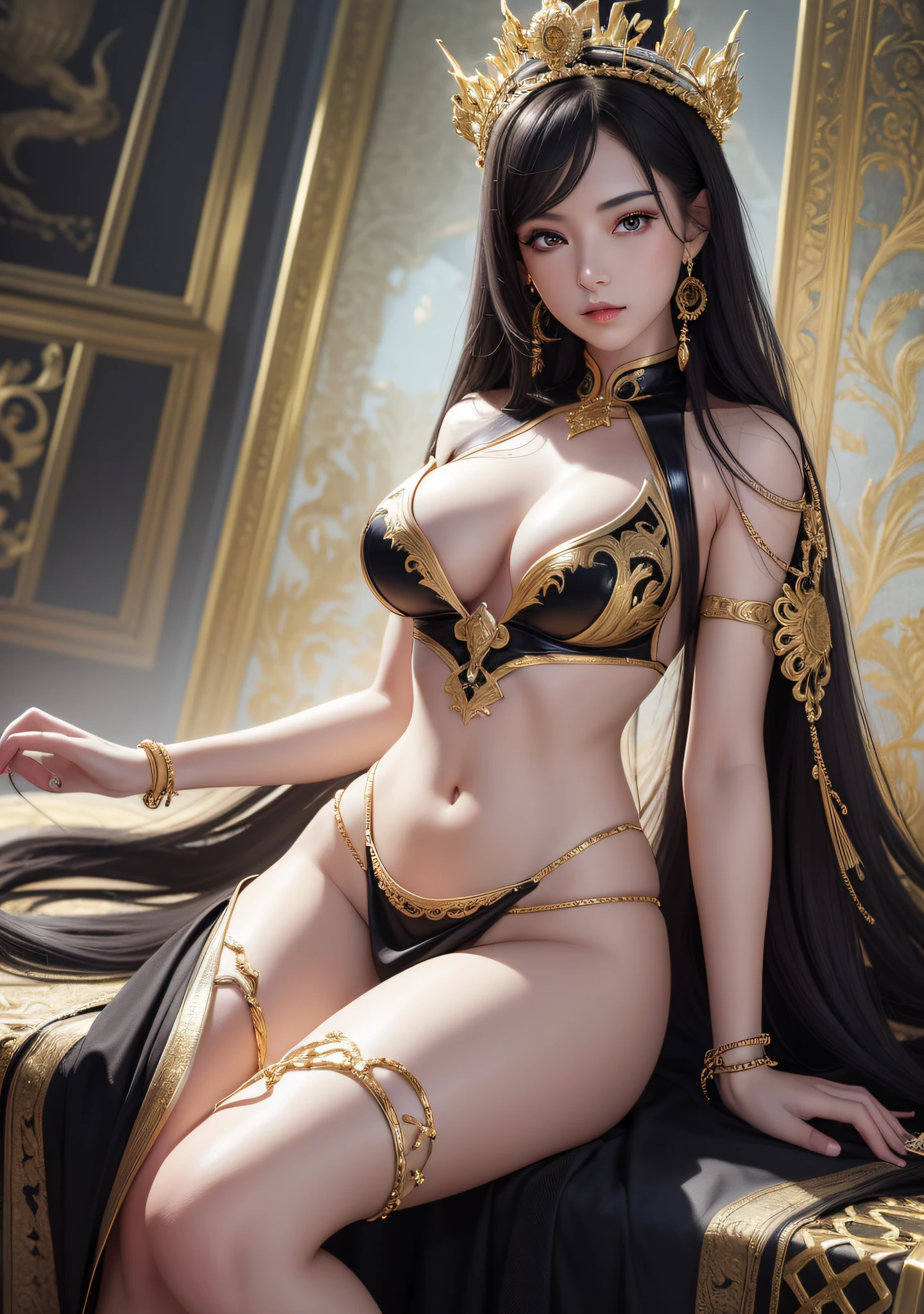Beautiful bust portrait of a girl, absolutely beautiful perfect face, fine skin.
black hair, slender dress in golden dragon robe, dragon robe, golden crown, jade pendant and jewels, jacket and robe, feminine body, full breasts, cleavage, sitting on throne, dynamic pose, left and right hand reference of the artist, gilded palace scene, full body shot, luminous, fantasy, front light, complex, smooth legs, highly detailed, digital painting, art station, smooth, sharp focus, 8 K. Highest Quality, Concept Art, Illustration