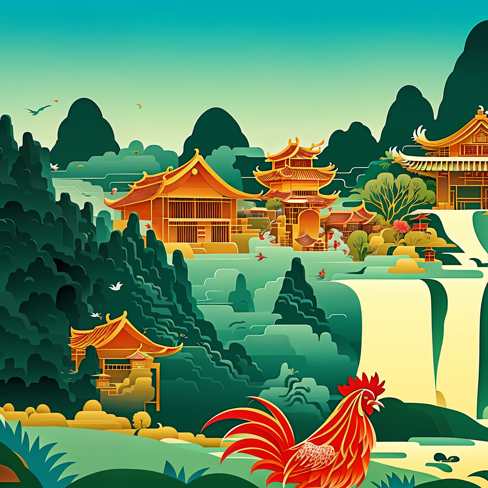 illustration of a rooster in a chinese village with a waterfall, chinese village, laurent durieux, artwork in style of sheng lam, inspired by Tom Whalen, chinese landscape, dreamy chinese town, by Jason Benjamin, dreamland of chinese, japanese village, tom whalen 8 k, artwork in the style of z.w. gu, by Craig Thompson
