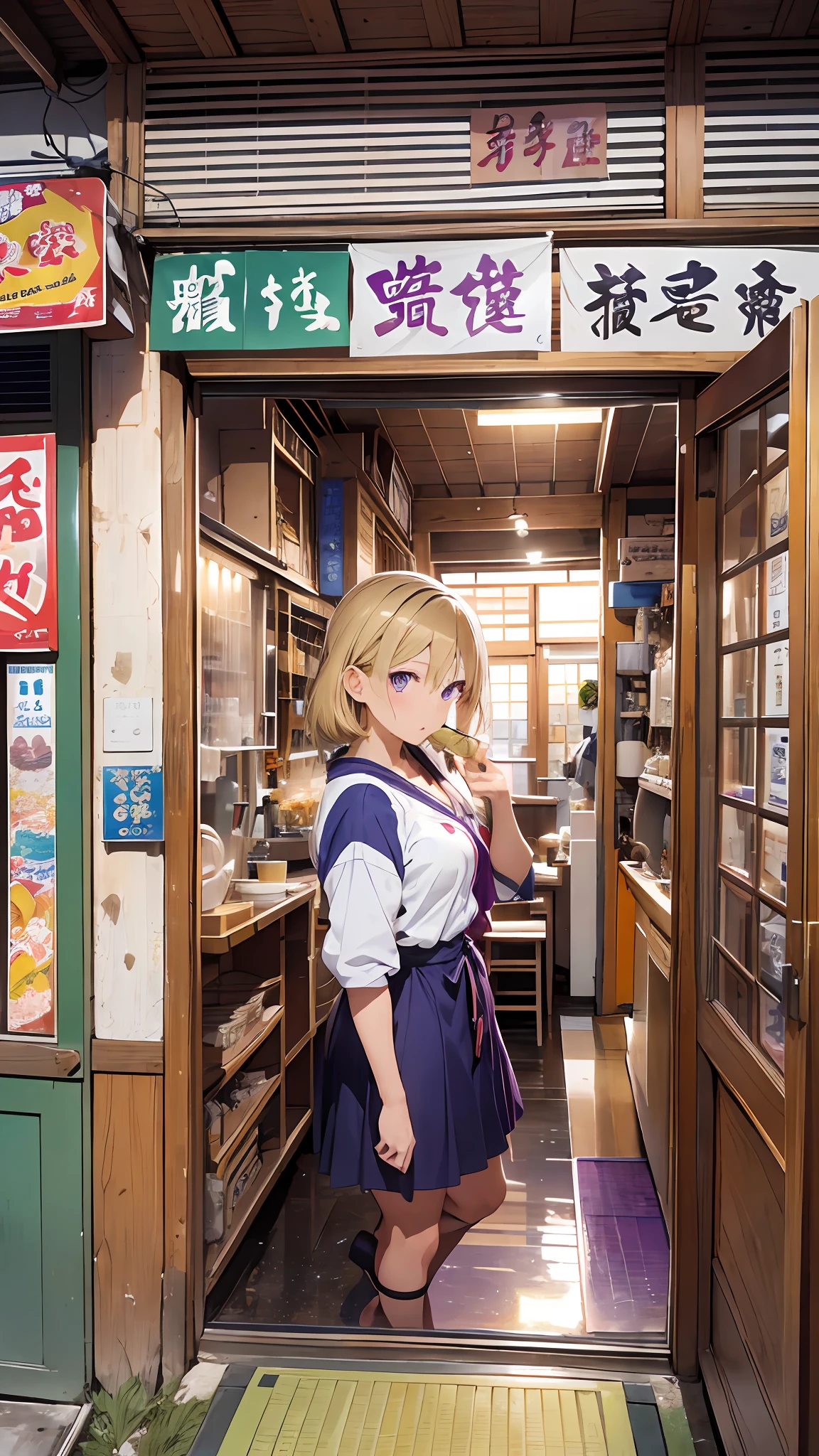 Realistic, Hyper Detail, Girls Only, Single Side Short Layered Bob, Dynamic Lighting, (Glossy Skin: 1.5), Masterpiece, Top Quality, Absurdity, Watching Viewer, (Hair: (Blonde: 0,7) and (Light Purple Inner Color: 0.3)), Deep Purple Clear Eyes, ((Beautiful, Detailed Eyes, Jewel-like Eyes, Shining Eyes: 1.3)) BREAK (An Okinawa soba shop where noodle lovers gather from all over the country),