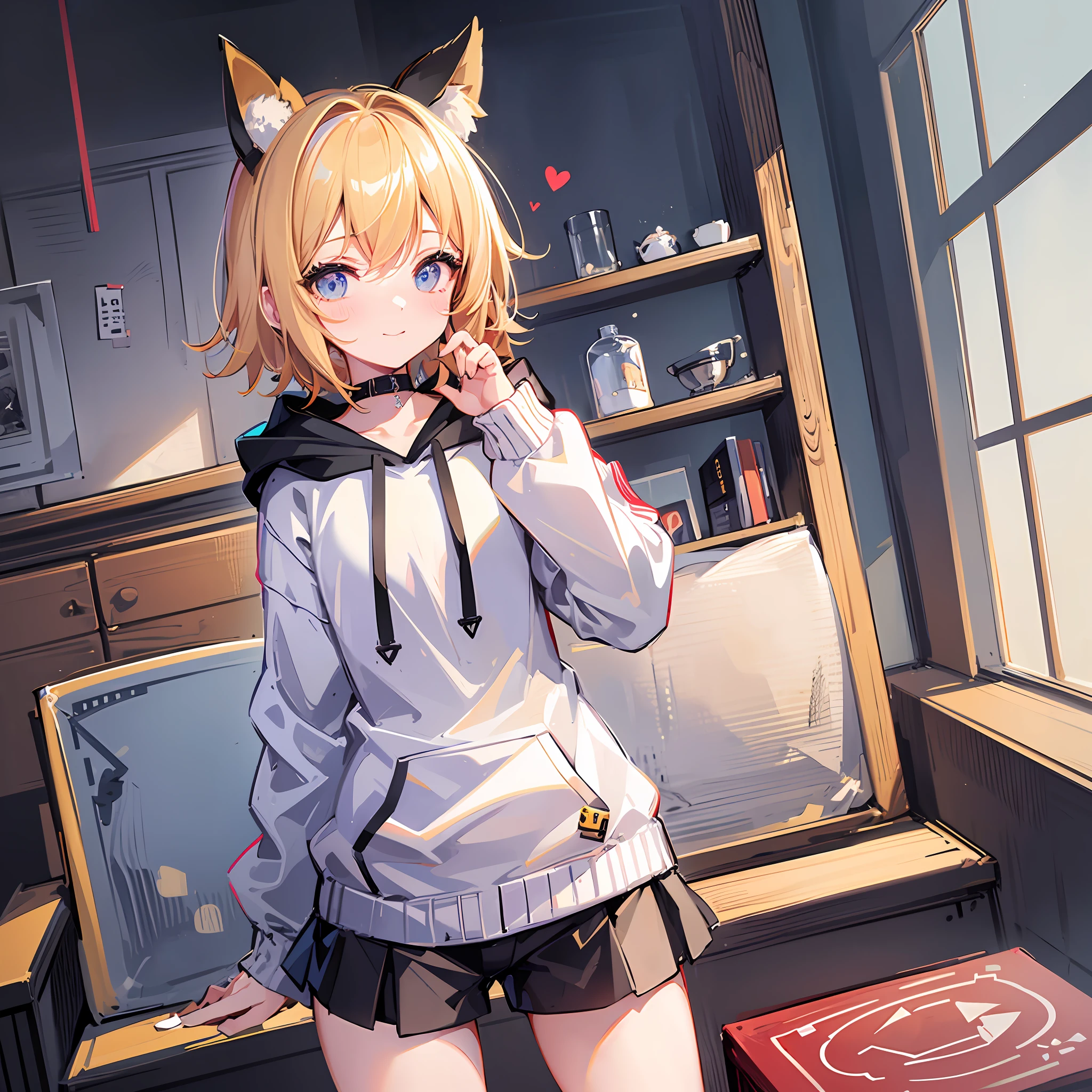 (Masterpiece), (Best Quality), (Illustration), (Super Detail), (High Resolution), Perfect Anatomy, Absurdity, One Girl, (Kagamine_Rin), (Vocaloid), Short Hair, Hair Clips, Blush, (Blonde), Very Cute Girl, Small, Young, Delicate, Attention to Girl, Living Room, Cute, She, Smile, Best Moment, Middle School, Blue Eyes, Bright Eyes, Lively Eyes, cute, standing, thighs, red heart in background, heart speech bubble, pampered, innocent, love love, love viewer, clean skin, beautiful body, cute face, delicate arms, boyfriend gaze, lively eyes, neat, bare legs, dabo dabo hoodie, perfect hood, hoodie based on white, black shorts, cat ears, bold pose, beautiful girl