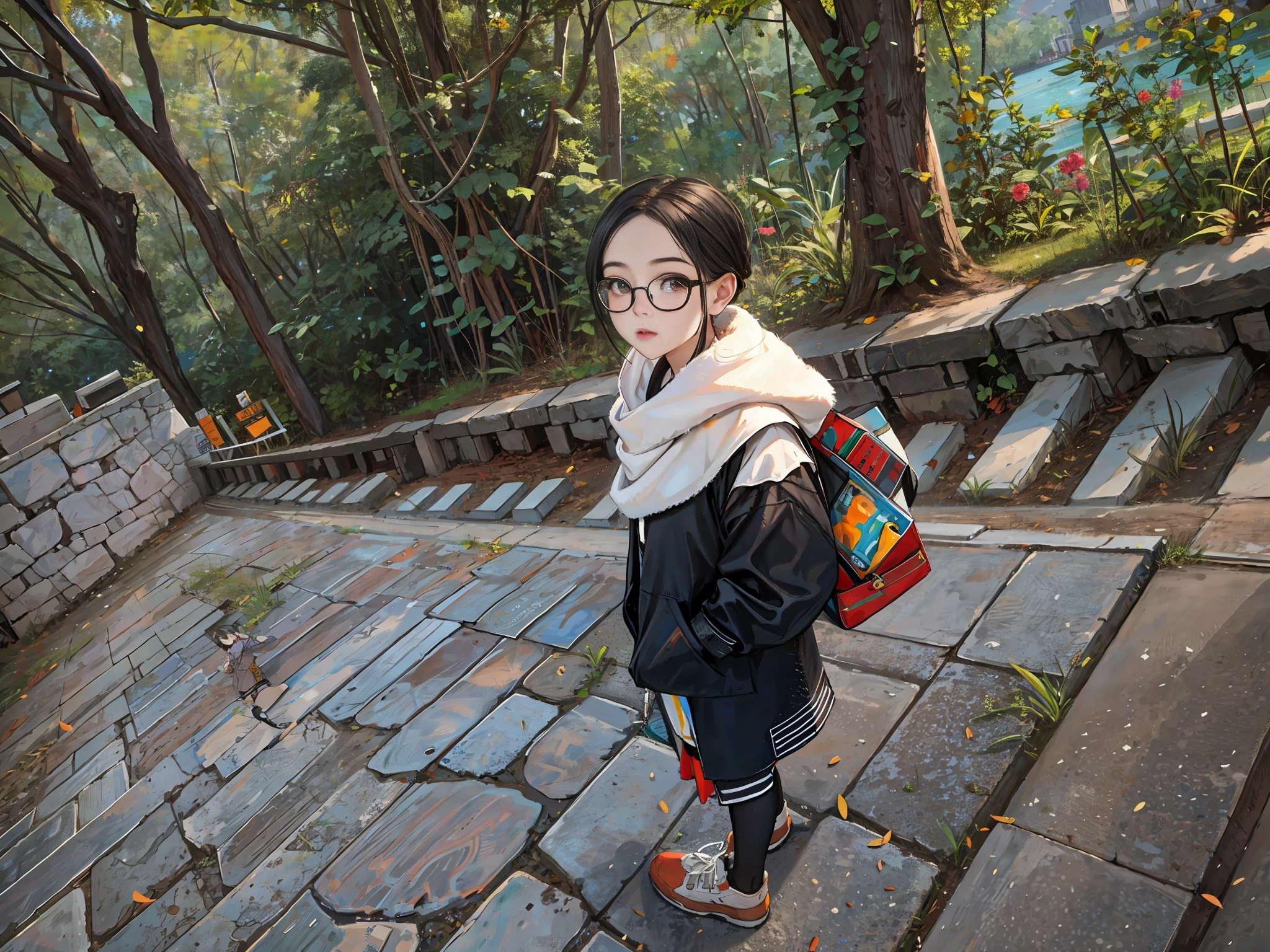 1girl, (ink primitive art: 1.2), (line art: 1.33), (best quality, masterpiece), superlative, bright, wind, colorful, outdoor, full body, simple background, round frame glasses, black hair (beautiful detailed face, beautiful detailed eyes), hands relaxed, head slightly raised,