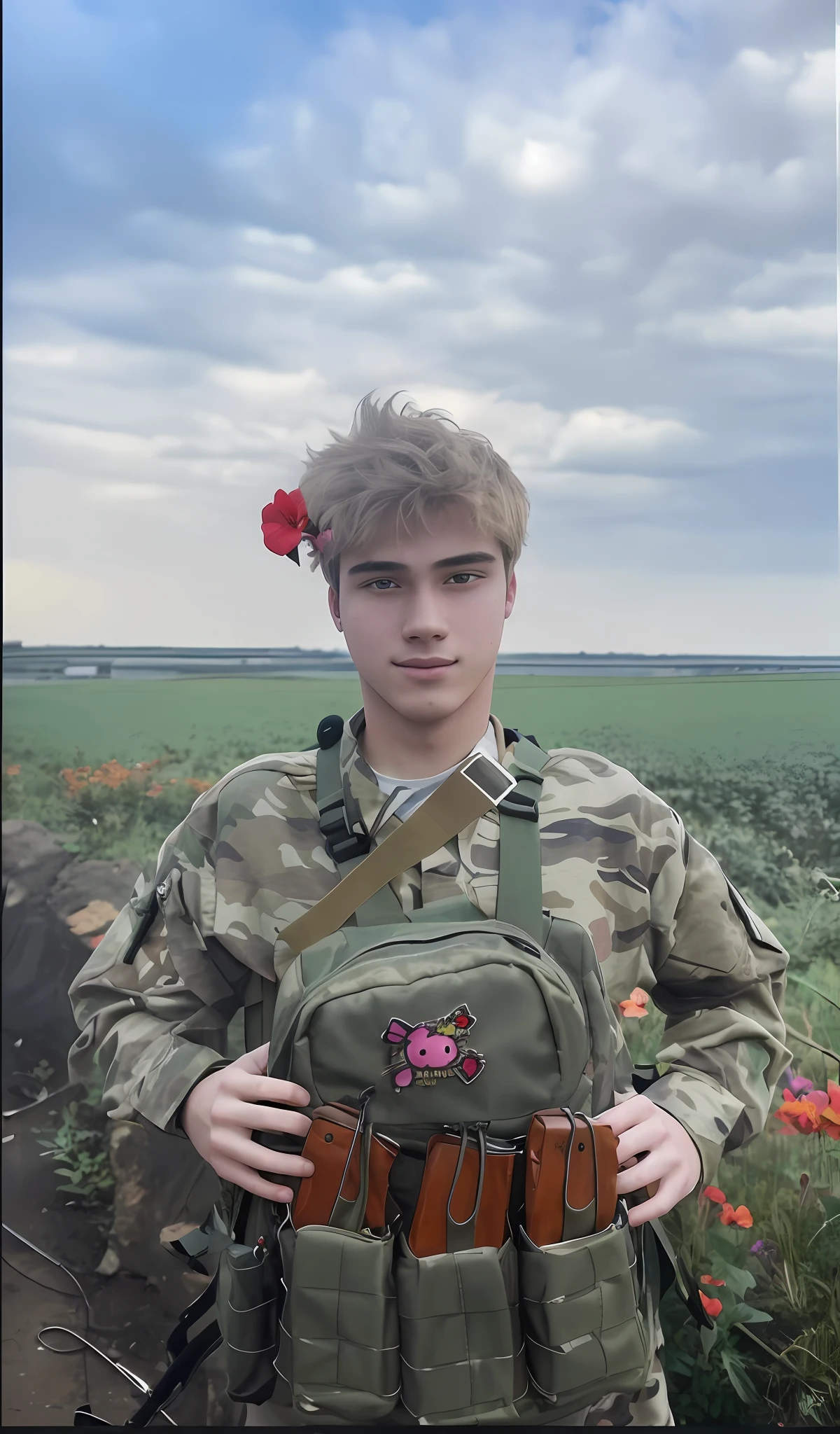 a hyper-realistic 19-year-old with a flower in his ear, backpack with the Hello Kitty symbol; Crisp cinematic features, 35mm lens, f/1.8, accent lighting, global illumination –uplight –v 4 --auto --s2