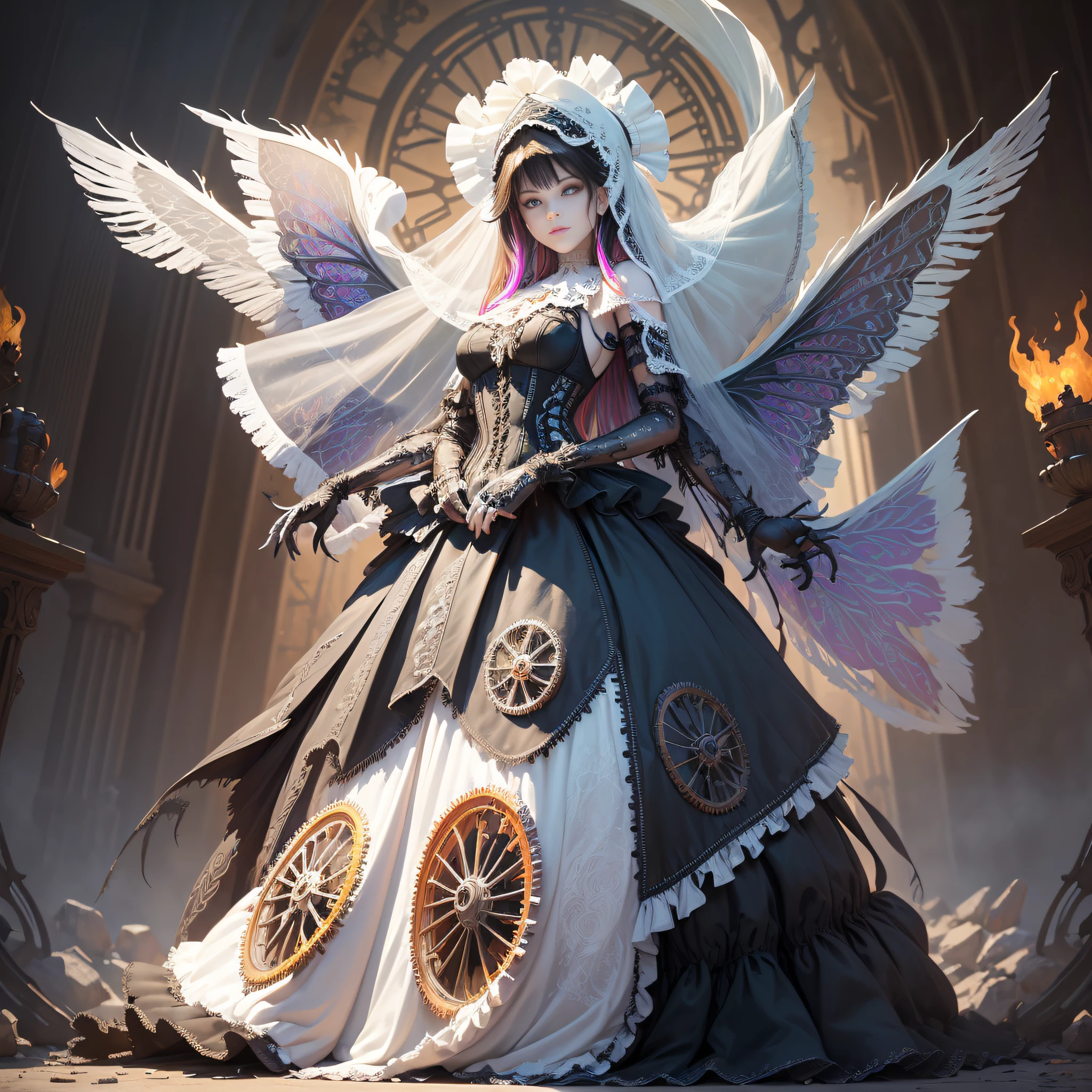 //style
(Maximalism:1.3), vivid contrast, Gustav Klimt,
(typography:1.3),
BREAK
//quality and charactor
(realistic:0.5), super photo realistic illustration, highres, ultla detailed, absurdres,
extremely beautiful female demons, (female demons:1.5), (butterfly wings, feathers:1.3), (full body:1.3),
(mechanical gothic girl dress decorated many gears and jewelries, ultra detailed embroidery dress, mechanical goth, mechanical gothic lorita, frills, frills, frills, mechanical white lace veil, gothic bonnet decorated many gears:1.8),
(gears and machines:1.3), (huge heavy weapons:1.5), (ultra detailed mechanical wings:1.5),
beautiful long hair blowing in air, hair ornaments with jewelries and light chains,
amethyst, lapis lazuli, emerald, turquoise, sapphire, topaz,
(from below:1.1),
//emotion
(god bless you:1.5),
compassionate expression, empathetic, caring, kind,
content expression, satisfied, pleased, gratified,
thoughtful expression, pensive, reflective, contemplative,
determined expression, resolute, purposeful, firm,
anxious expression, worried, uneasy, apprehensive,
BREAK
//background
(hellish background:1.3),
flower petals, colorful flowers,
spiral, spiral staircase, DNA, gene, deoxyribonucleic acid, double helical structure,
BREAK
//effect
(colorful:1.5), blooming light effect, suspended moments, distorted reality, kaleidoscopic views,
papier collé, paper collage, layered compositions, varied textures, abstract designs, artistic juxtapositions, mixed-media approach,
digital collage, mixed-media manipulation, layered imagery, surreal compositions, visual storytelling, contemporary art, blended techniques,
textured oil painting, thick impasto, bold brushwork, rich colors, sculptural surface, expressive technique, tactile appeal,
low-key lighting, moody ambiance, dark shadows, subtle highlights, mysterious aura,
fauvism, (bold color palette):1.2, expressive brushwork, vivid hues, strong contrasts, emotional impact, modern art movement,