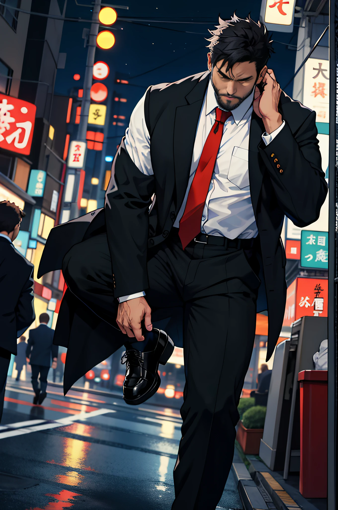 Mature man, best quality, Japanese office worker, black coat, black pants, white shirt, red tie, tired, white socks, bad, masterpiece, super high resolution, detailed background, reality, illustration, single, 1 boy, muscle man, beard, street at night, street vendor, muscle, facial hair, volumetric lighting, depth of field, wheezing, raised crotch, handsome action, big dynamic
