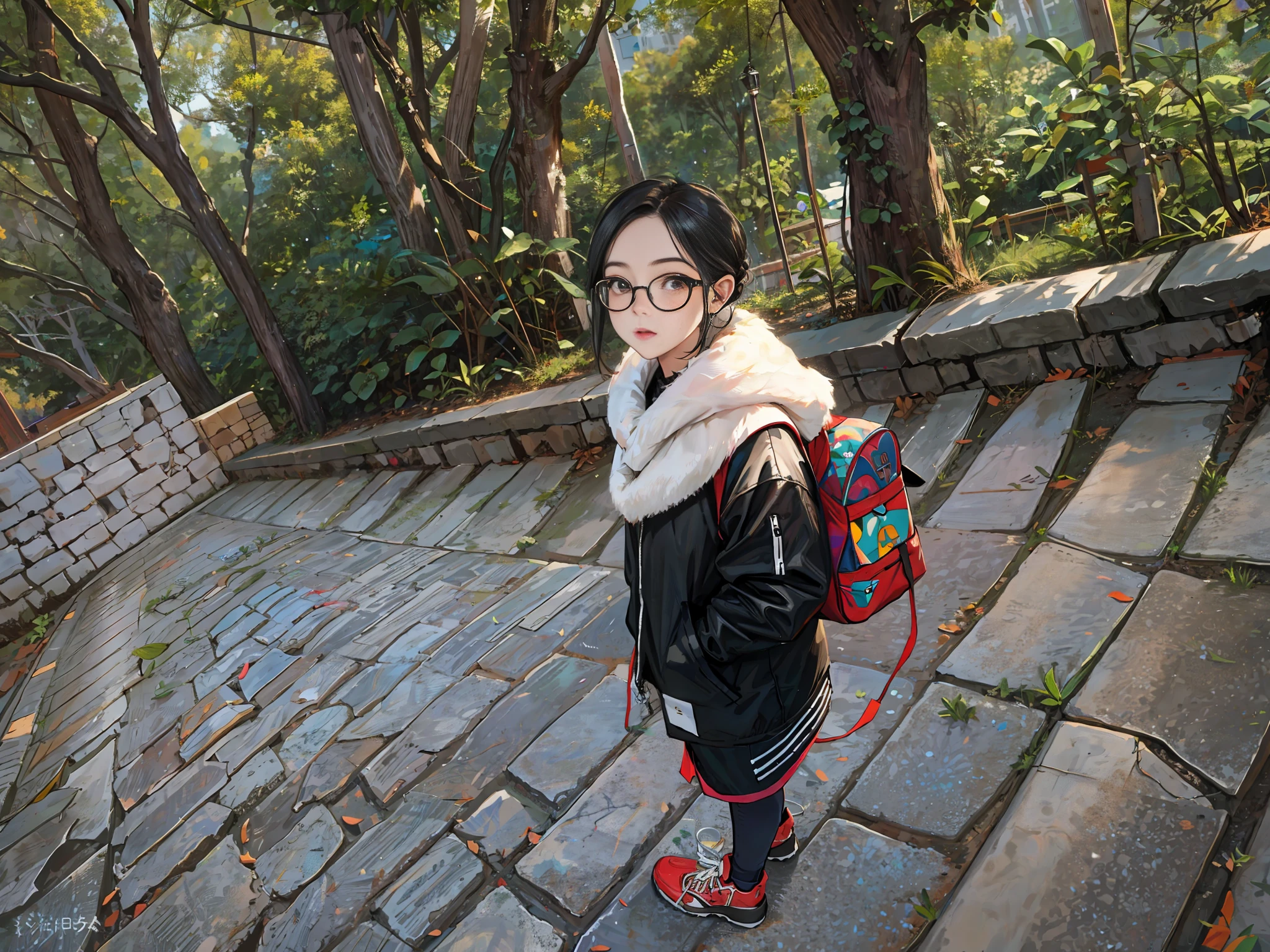 1girl, (ink primitive art: 1.2), (line art: 1.33), (best quality, masterpiece), superlative, bright, wind, colorful, outdoor, full body, simple background, round frame glasses, black hair (beautiful detailed face, beautiful detailed eyes), hands relaxed, head slightly raised,