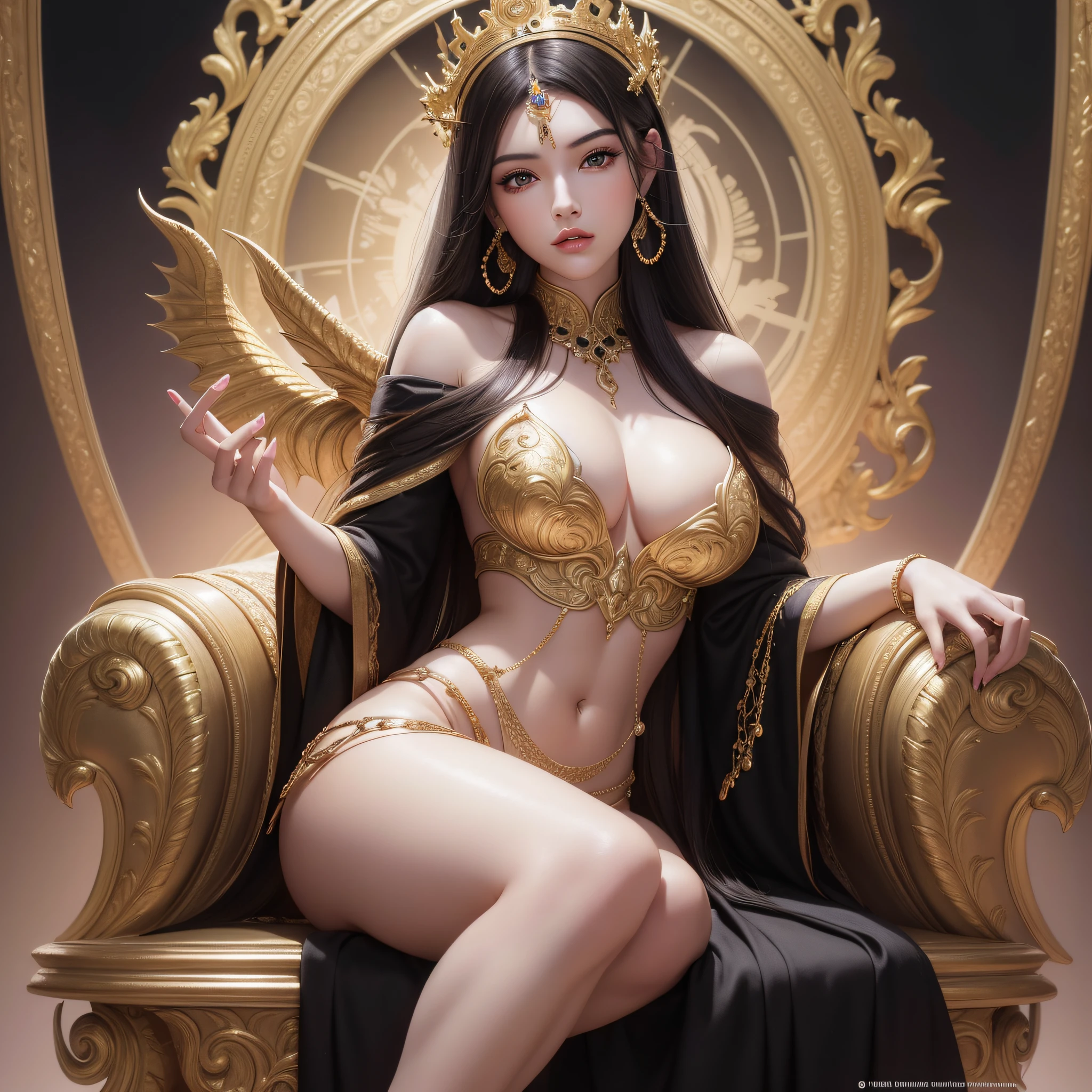 Beautiful bust portrait of a girl, absolutely beautiful perfect face, fine skin.
black hair, slender dress in golden dragon robe, dragon robe, golden crown, jade pendant and jewels, jacket and robe, feminine body, full breasts, cleavage, sitting on throne, dynamic pose, left and right hand reference of the artist, gilded palace scene, full body shot, luminous, fantasy, front light, complex, smooth legs, highly detailed, digital painting, art station, smooth, sharp focus, 8 K. Highest Quality, Concept Art, Illustration