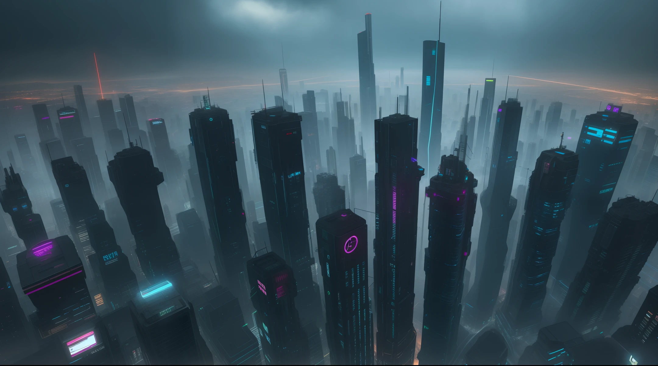 Cyberpunk City Rain High-rise Hacker Drone Look from high to low