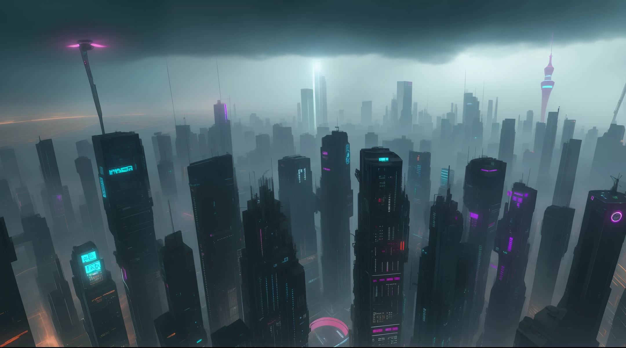 Cyberpunk City Rain High-rise Hacker Drone Look from high to low