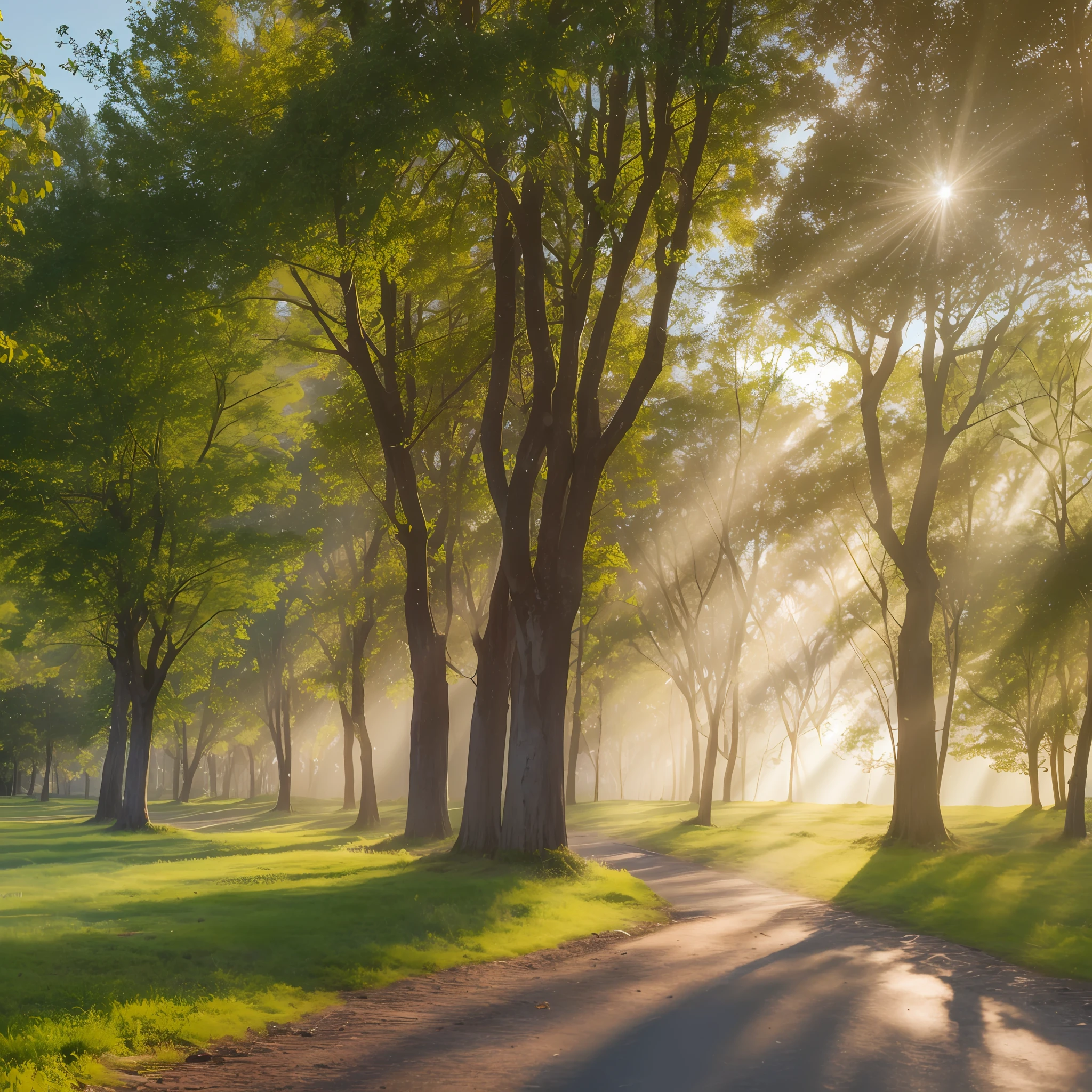 Riachuelo following its course between trees of different colors. The rays of the sun passing between the trees. Photorealistic style, 8k, detailed, hyperdetailed, high quality