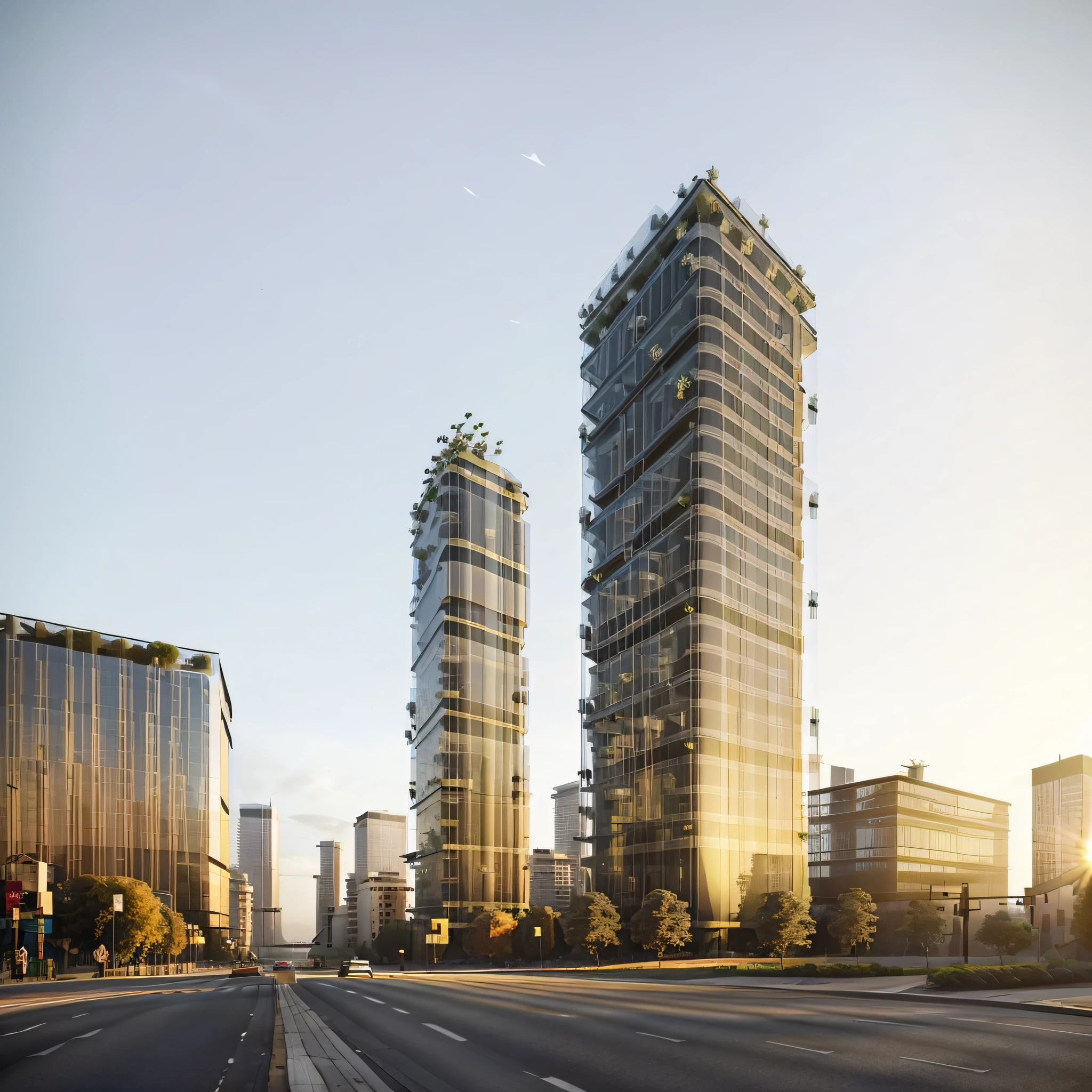There is a picture of a city street with a tall building, two organic towers, square towers, tall glass skyscrapers, Herzog de Meuron, supertall buildings, tall metal towers, inspired by Zasbio, Foster and partners, Skybridge Tower, Norman Foster, two huge towers in Norman Foster's style, city background, real environment, architectural photos