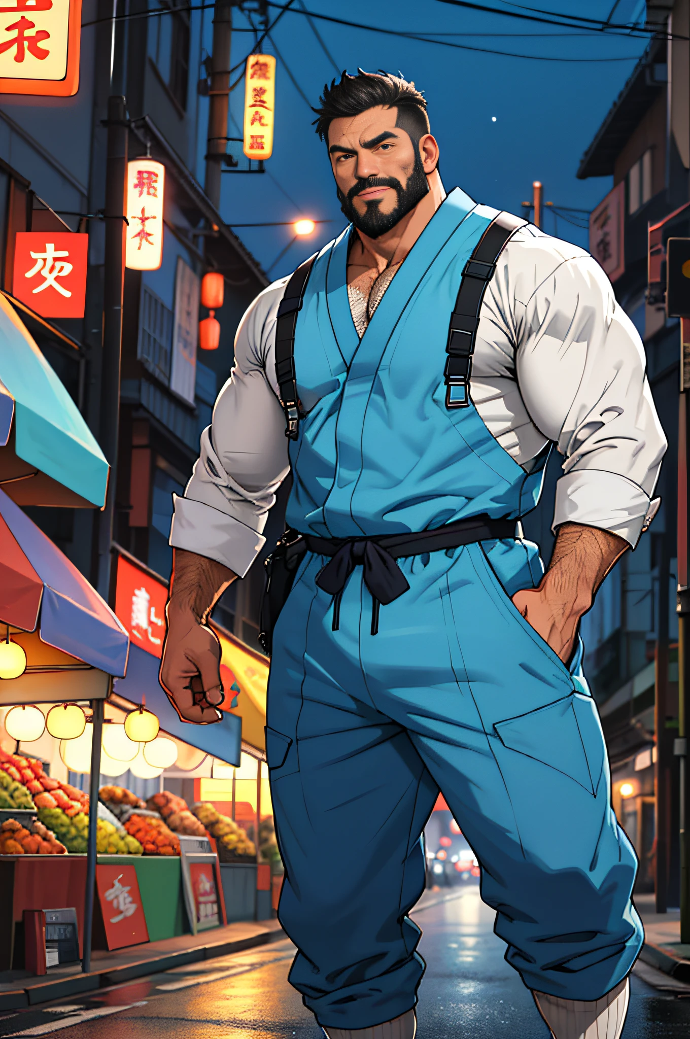 Mature man, best quality, Japanese worker, light blue jumpsuit, energetic, white socks, bad, masterpiece, super high resolution, detailed background, reality, illustration, single, 1 boy, muscle man, beard, street at night, street vendor, muscle, facial hair, volumetric lighting, depth of field, wheezing, raised crotch, handsome action, big dynamic