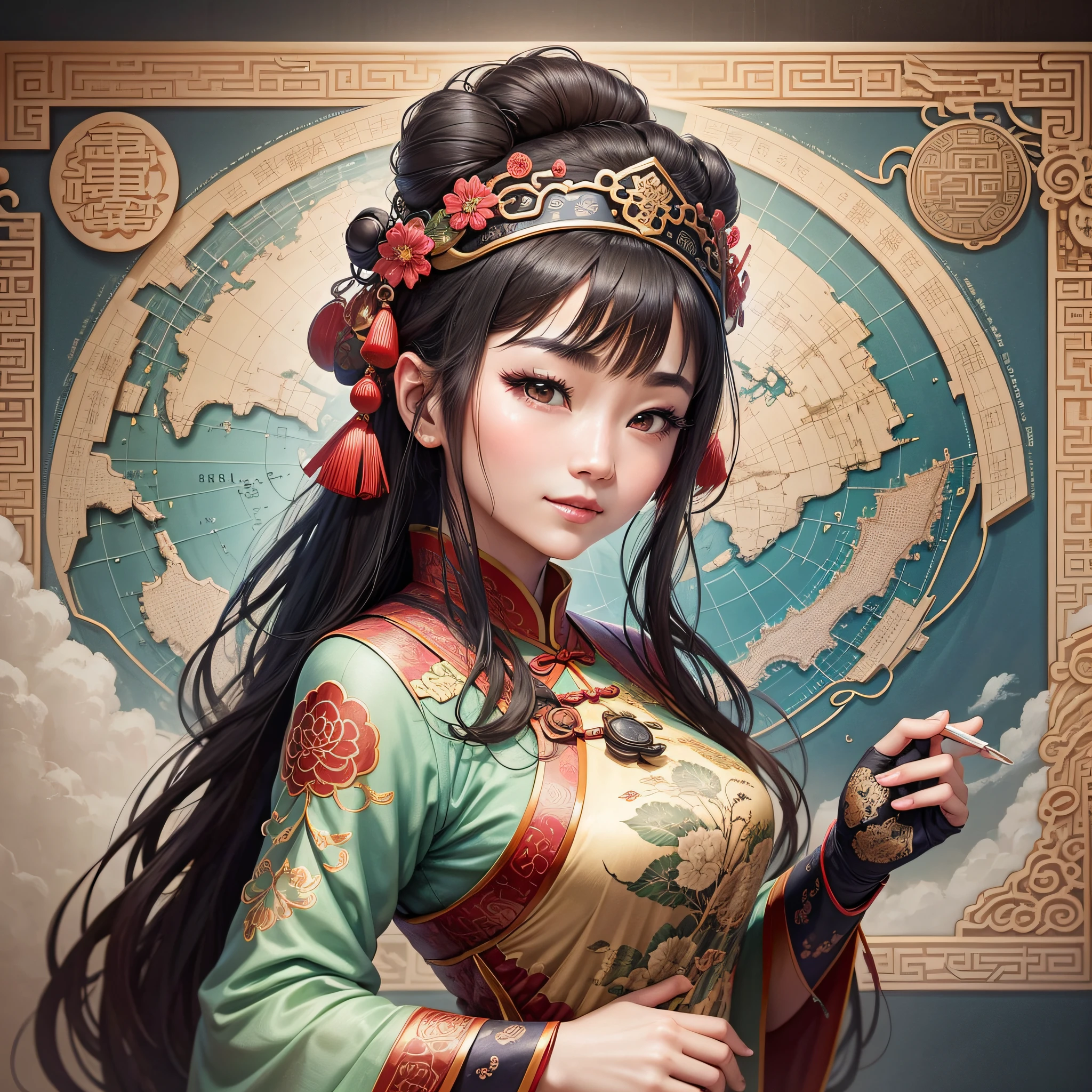 This map anthropomorphic figure dressed in Hanfu is an elegant and solemn existence. She wears gorgeous traditional Han costumes with exquisite patterns and patterns embroidered on the clothing, symbolizing China's traditional culture and history. She wears a delicate bun on her head with gorgeous headdresses, highlighting her nobility and character.
Her face is dignified and gentle, and her eyebrows reveal intelligence and calmness. Her eyes are bright and intelligent, revealing her understanding and concern for geography and the country. She smiled, exuding a friendly and confident temperament.
Her body reveals the shape and features of a map of China, and her cuffs and hem show the silhouette of mountains and the waves of the ocean. Her body lines are soft and powerful, showing the grandeur and majesty of Chinese geography.
She holds a delicate map of China's provinces and cities, clearly showing the geographical boundaries and cultural characteristics of each place. She points her slender fingers at different locations, highlighting her in-depth knowledge of Chinese geography.
The anthropomorphic map image wears a badge on the chest with reliefs of traditional Chinese architecture and natural landscapes, symbolizing the importance of China's geography and culture. The edges of the badge are decorated with delicate patterns, highlighting traditional Chinese craftsmanship and aesthetics.
Her presence encourages people's desire to explore Chinese geography and respect for culture, and she represents geographical knowledge and Chinese wisdom. The anthropomorphic image of the map stimulates people's exploration of various parts of China and promotes exchanges and cooperation across China.
This image shows us the integration of maps and traditional Chinese culture, making us more aware of the close connection between geographical knowledge and China's rich history and culture. --auto --s2