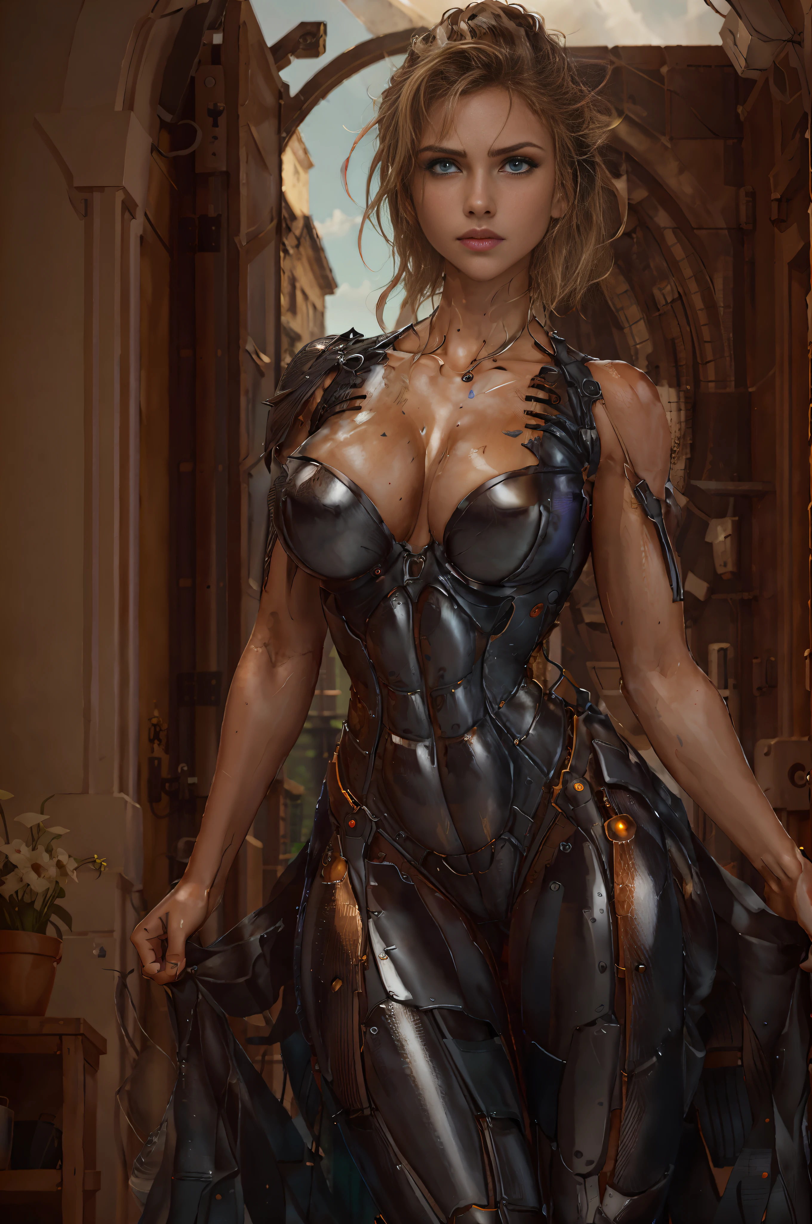 RAW, 1girl, colorful, full body shot, (masterpiece, best quality), (detailed skin:1.3, detailed face:1.3), dslr, realistic, looking at viewer, sharp focus, delicate, soft colors, cinematic lighting, MyNataLee woman, bright light:1.3, highlights:1.3, high brightness, large breasts:1.3, clean scene, tidy, clean dress, clear skin, goosebumps, beautiful eyes