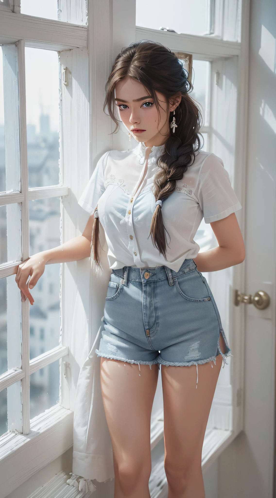 4k perfect picture quality, highly detailed realistic ((full body including legs)) Beautiful photo of 18 year old Anglo-Saxon sweaty girl, twisted braid (((Bright with God's eyes)) ((Perfect and delicate facial features)) and lively, (wearing a white shirt blue denim shorts with tassels) standing in a tall building by the bedroom window, white wall