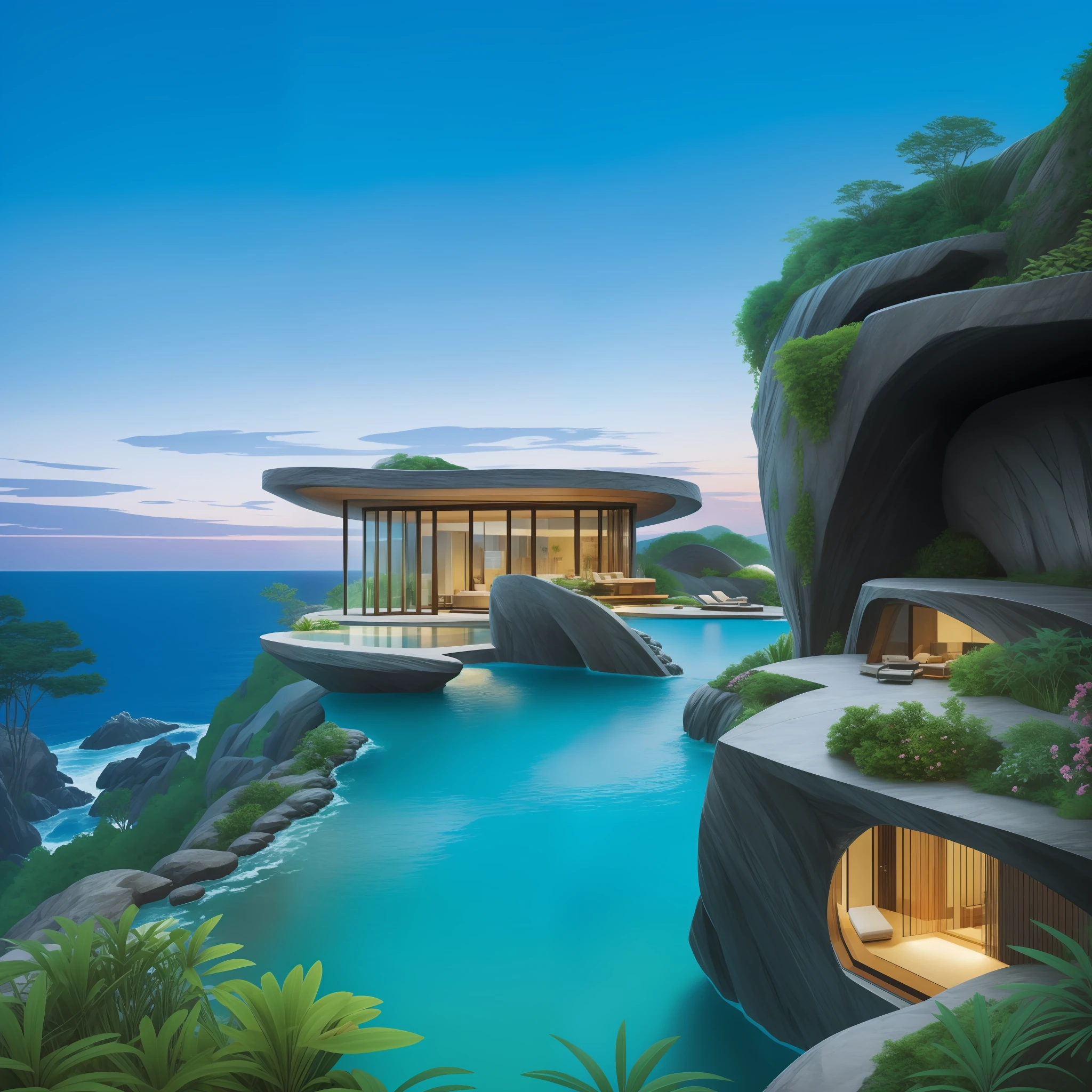 a modern futuristic design large cliff House's with a artificial waterfall and a pool in the middle, nature meets architecture, built around blue ocean, realistic beehive architecture, organic architecture, very close to real nature, breathtaking render, island with cave, stunning architecture, luxury architecture, realistic fantasy render, by Zha Shibiao, epic and stunning, architectural visualization, epic architecture, concept art. 8 k