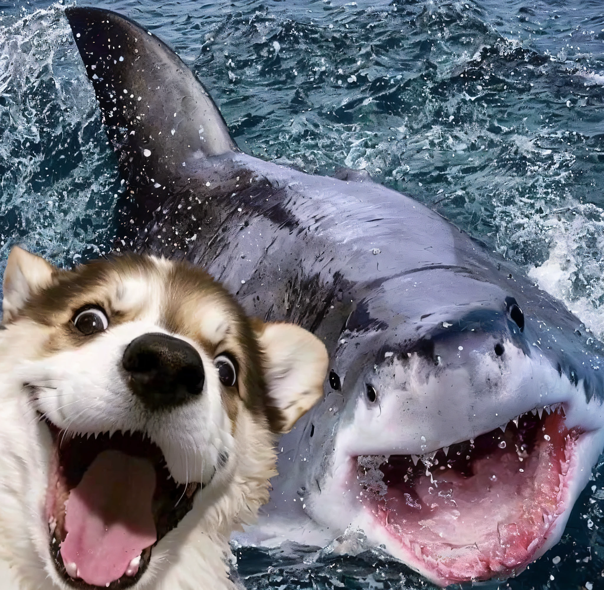 arafed dog with a shark in the background, half wolf half shark, shark face, a sharknado, anthropomorphic shark, very accurate photo, fish in the background, really funny, megalodon, r/aww, really realistic, sharknado, over the head of a sea wolf, realistic picture