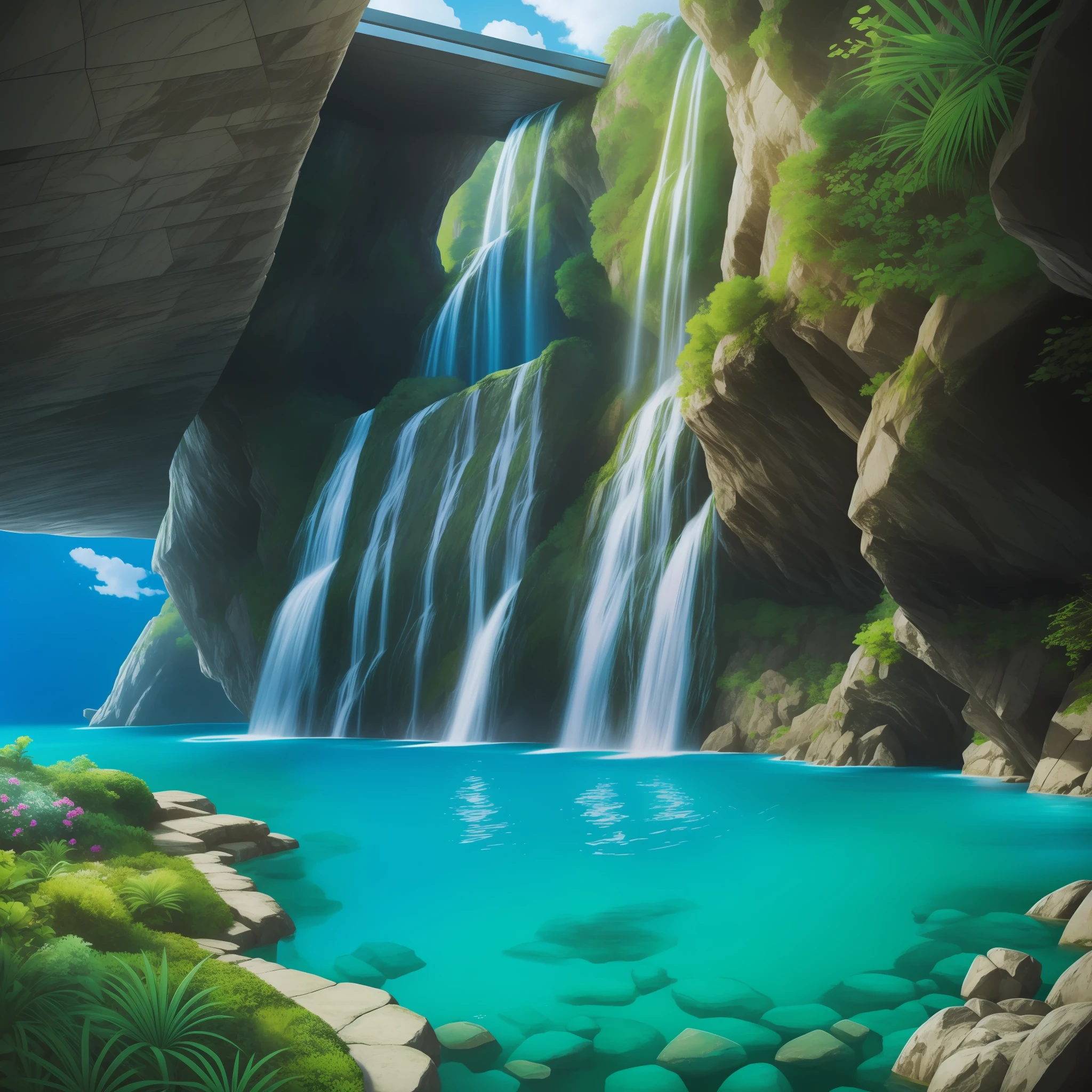a modern futuristic design large cliff House's with a artificial waterfall and a pool in the middle, nature meets architecture, built around blue ocean, realistic beehive architecture, organic architecture, very close to real nature, breathtaking render, island with cave, stunning architecture, luxury architecture, realistic fantasy render, by Zha Shibiao, epic and stunning, architectural visualization, epic architecture, concept art. 8 k