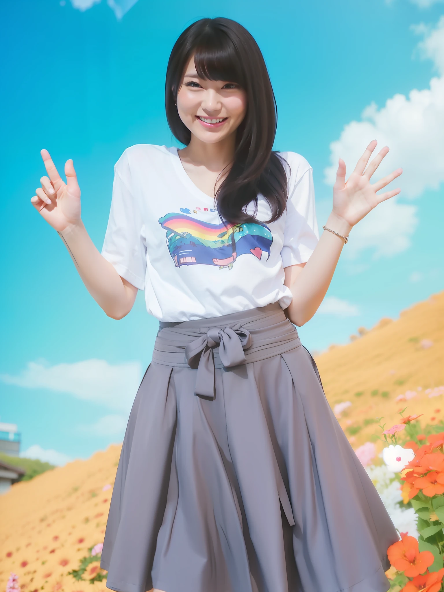 Japan person, girl, t-shirt, skirt, smile, cute, kirekawa