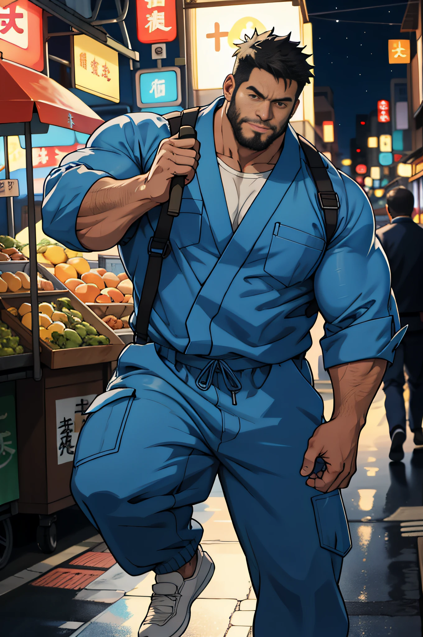 Mature man, best quality, Japanese worker, light blue jumpsuit, energetic, white socks, bad, masterpiece, super high resolution, detailed background, reality, illustration, single, 1 boy, muscle man, beard, street at night, street vendor, muscle, facial hair, volumetric lighting, depth of field, wheezing, raised crotch, handsome action, big dynamic