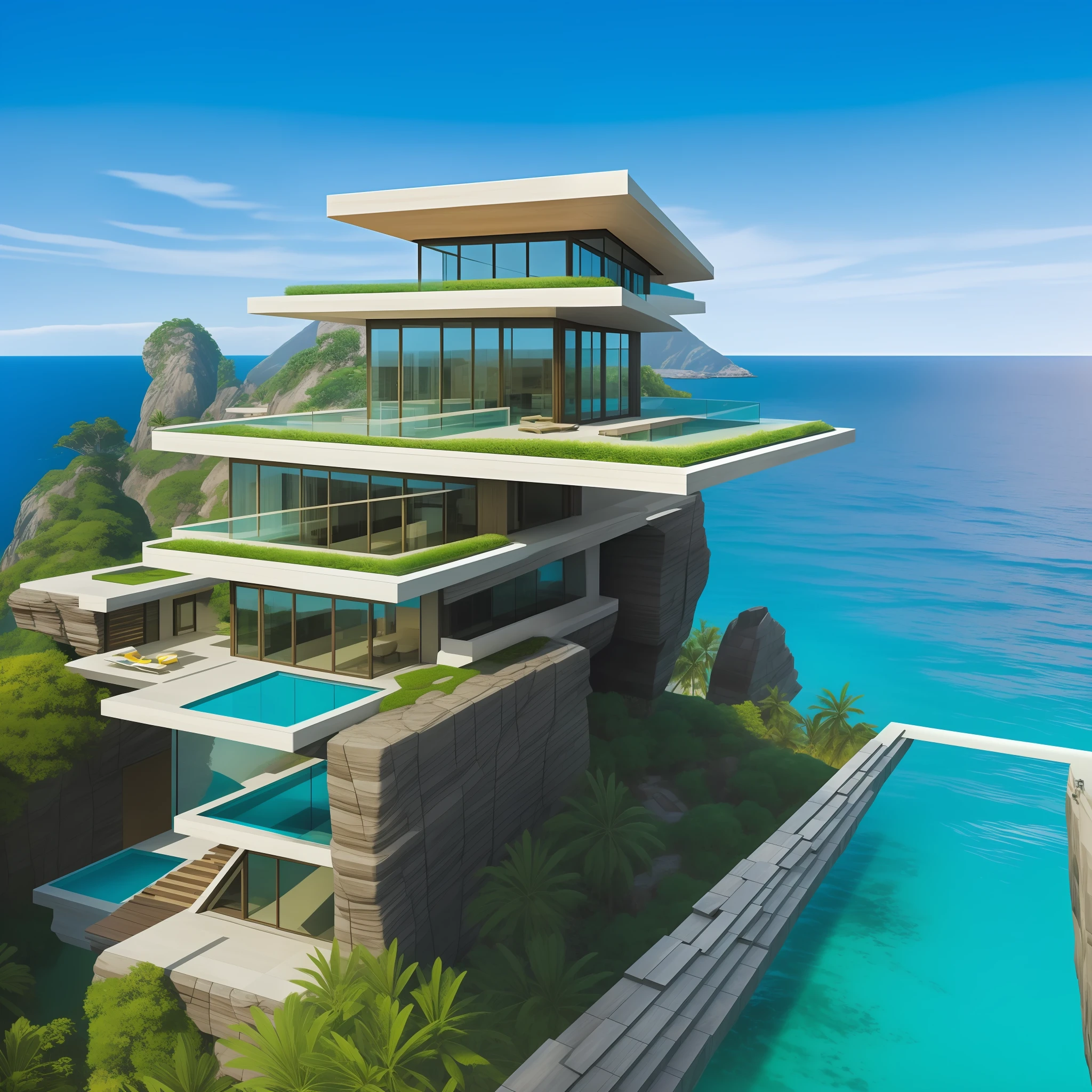 a modern futuristic design large cliff House's with a artificial waterfall and a pool in the middle, nature meets architecture, built around blue ocean, realistic beehive architecture, organic architecture, very close to real nature, breathtaking render, island with cave, stunning architecture, luxury architecture, realistic fantasy render, by Zha Shibiao, epic and stunning, architectural visualization, epic architecture, concept art. 8 k