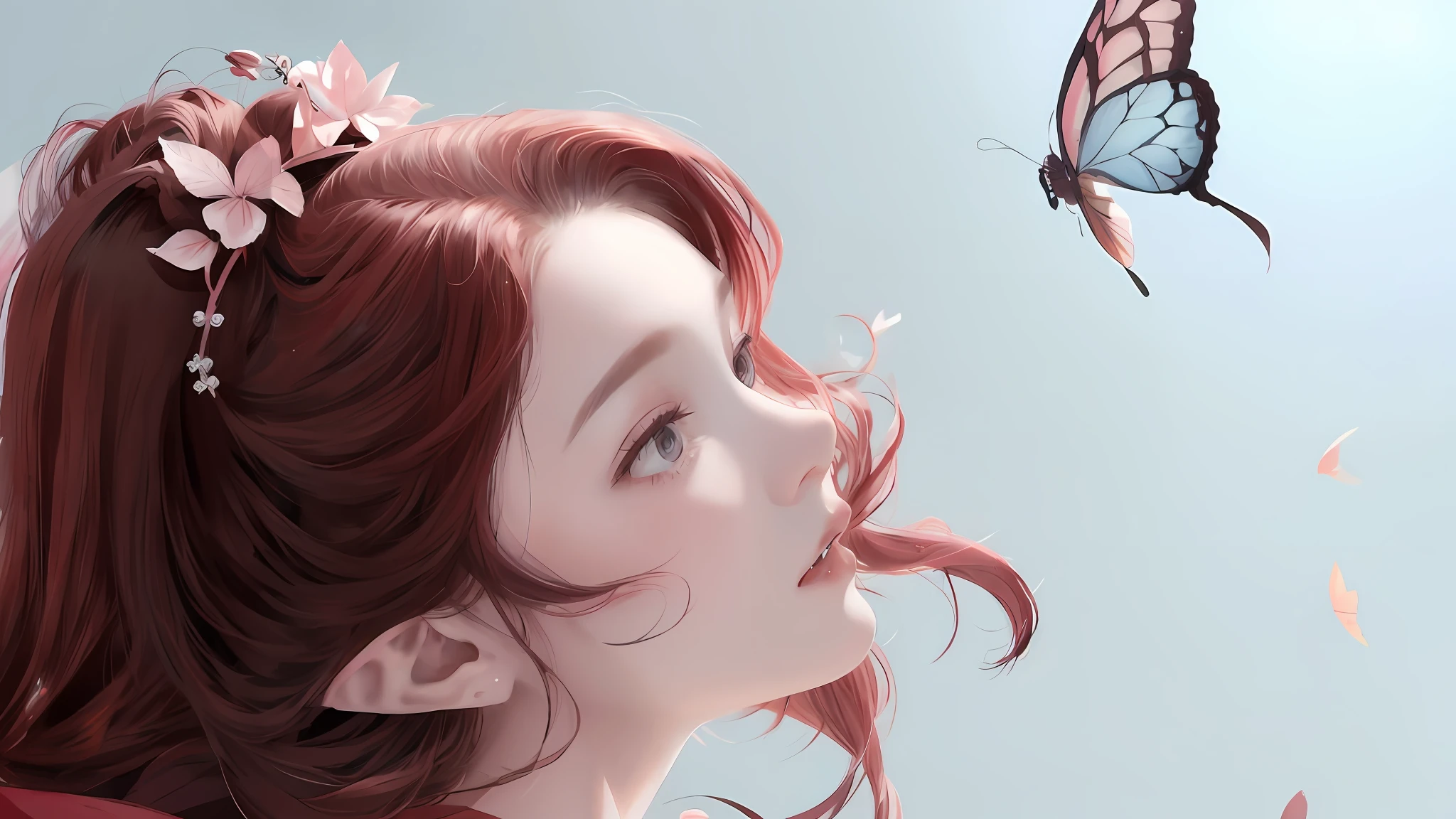 anime girl with butterfly in hair and flowers in hair, artwork in the style of guweiz, beautiful character painting, beautiful digital illustration, exquisite digital illustration, by Chen Lin, by Ye Xin, by Ni Tian, by Yang J, a beautiful artwork illustration, beautiful digital artwork, by Li Song, beautiful digital painting, guweiz, adorable digital painting