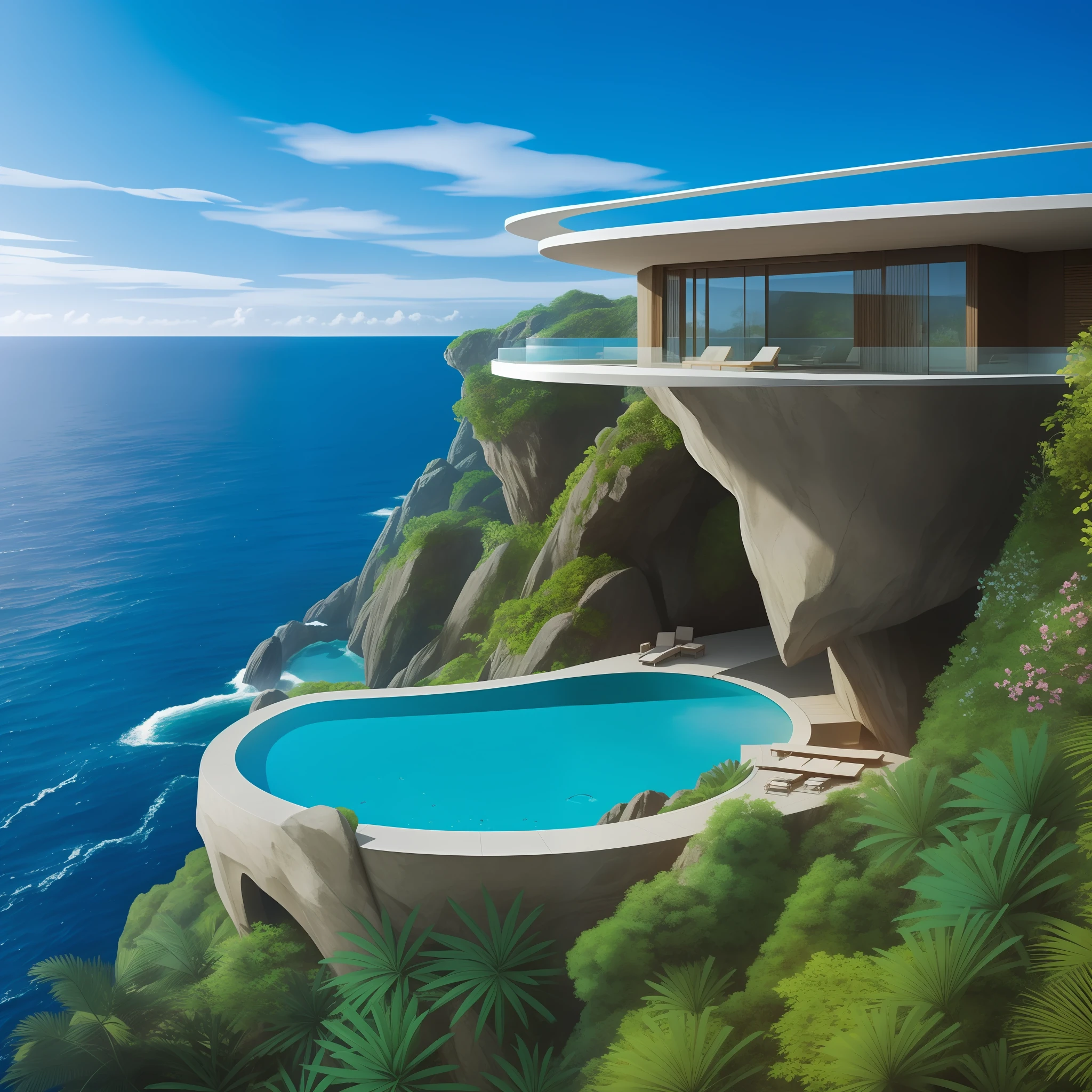 a modern futuristic design large cliff House's with a artificial waterfall and a pool in the middle, nature meets architecture, built around blue ocean, realistic beehive architecture, organic architecture, very close to real nature, breathtaking render, island with cave, stunning architecture, luxury architecture, realistic fantasy render, by Zha Shibiao, epic and stunning, architectural visualization, epic architecture, concept art. 8 k