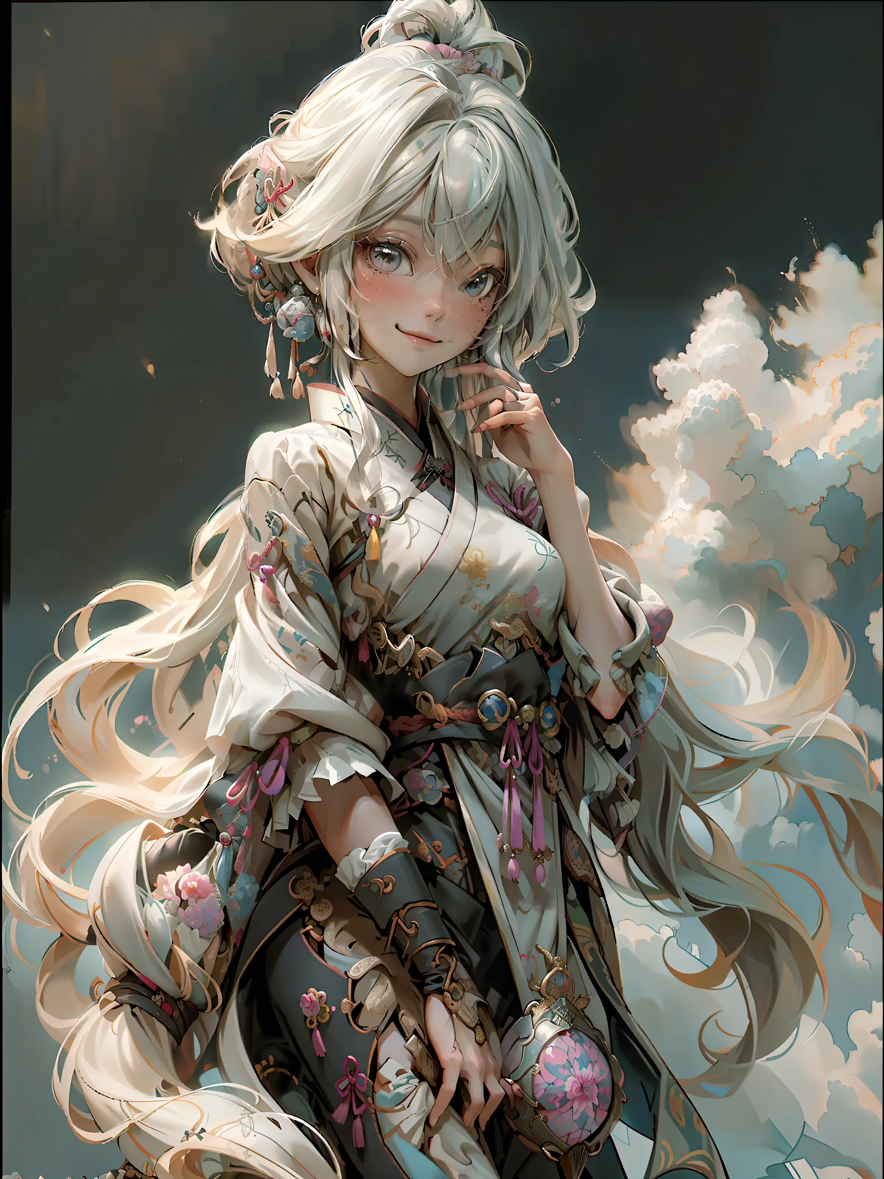 Official Art, Unified 8K Wallpapers, Ultra Detailed, Beautiful and Aesthetic, Masterpiece, Best Quality, (Zentangle, Tangle, Entangle), (fractal art: 1.4), 1girl, very detailed, dynamic angle, cowboyshot, (most beautiful form chaos), ethereal, (bright colors), oc, (full body: 0.8), china, (thangka flying sky: 1.5), (ribbon: 1.3), (dream: 1.5), (hanfu: 0.7), (smile: 0.5), (Chinese deity), upper body close-up