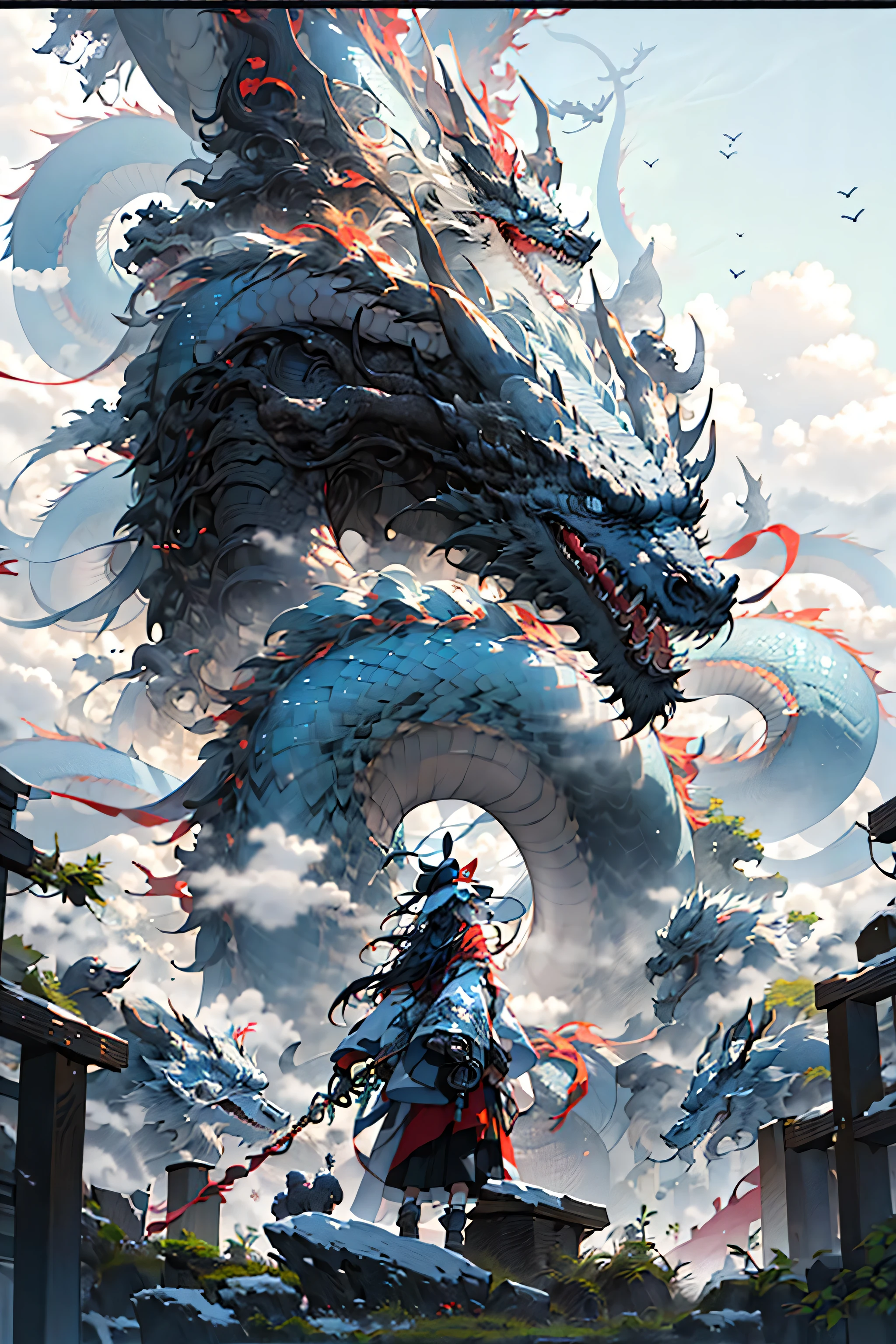 girl, letterboxed, holding, outdoors, bird, standing, cloud, 1boy, weapon, from behind, sky, cloudy sky, animal, holding weapon, eastern dragon, monster, 1other, hat, fog,