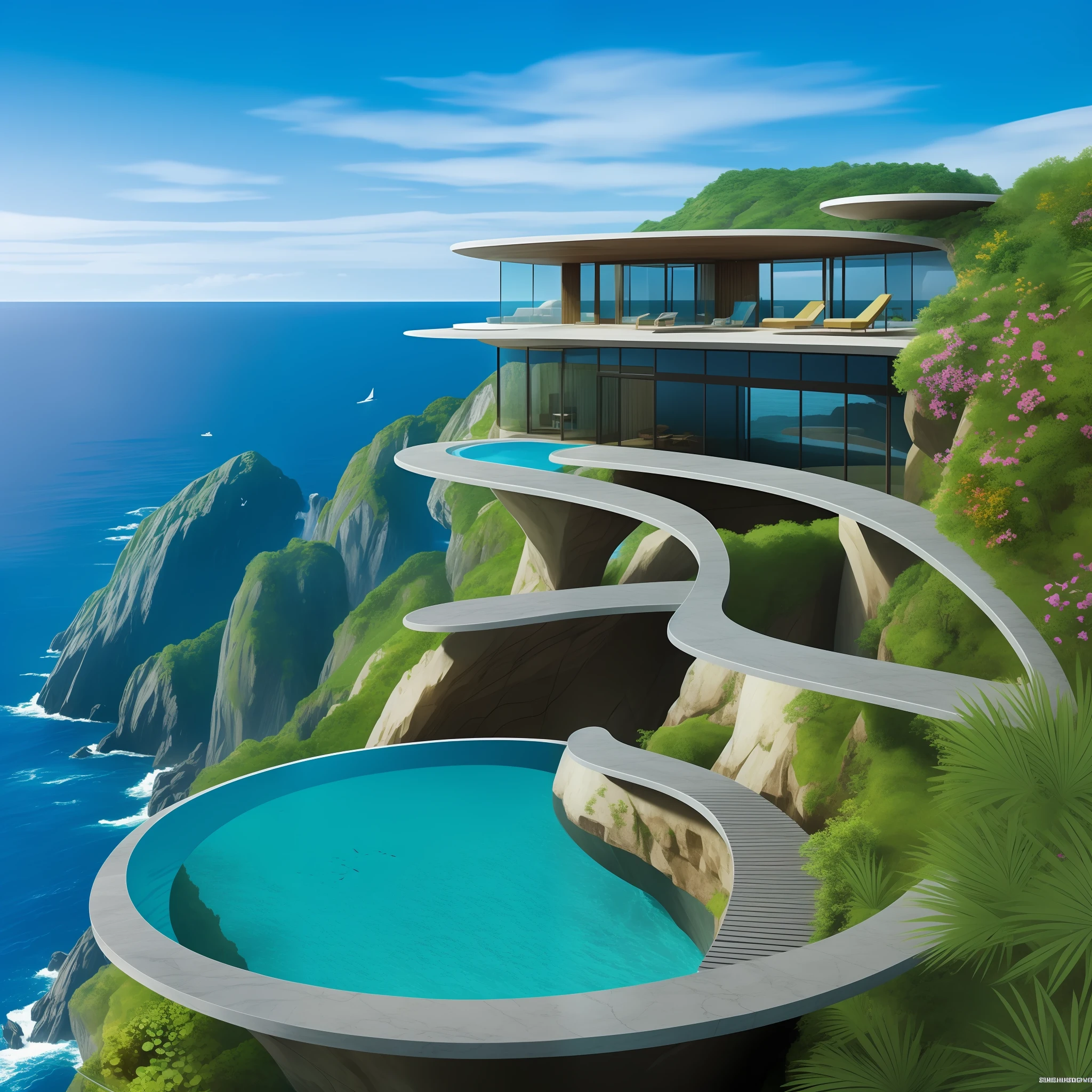 a modern futuristic design large cliff House's with a artificial waterfall and a pool in the middle, nature meets architecture, built around blue ocean, realistic beehive architecture, organic architecture, very close to real nature, breathtaking render, island with cave, stunning architecture, luxury architecture, realistic fantasy render, by Zha Shibiao, epic and stunning, architectural visualization, epic architecture, concept art. 8 k