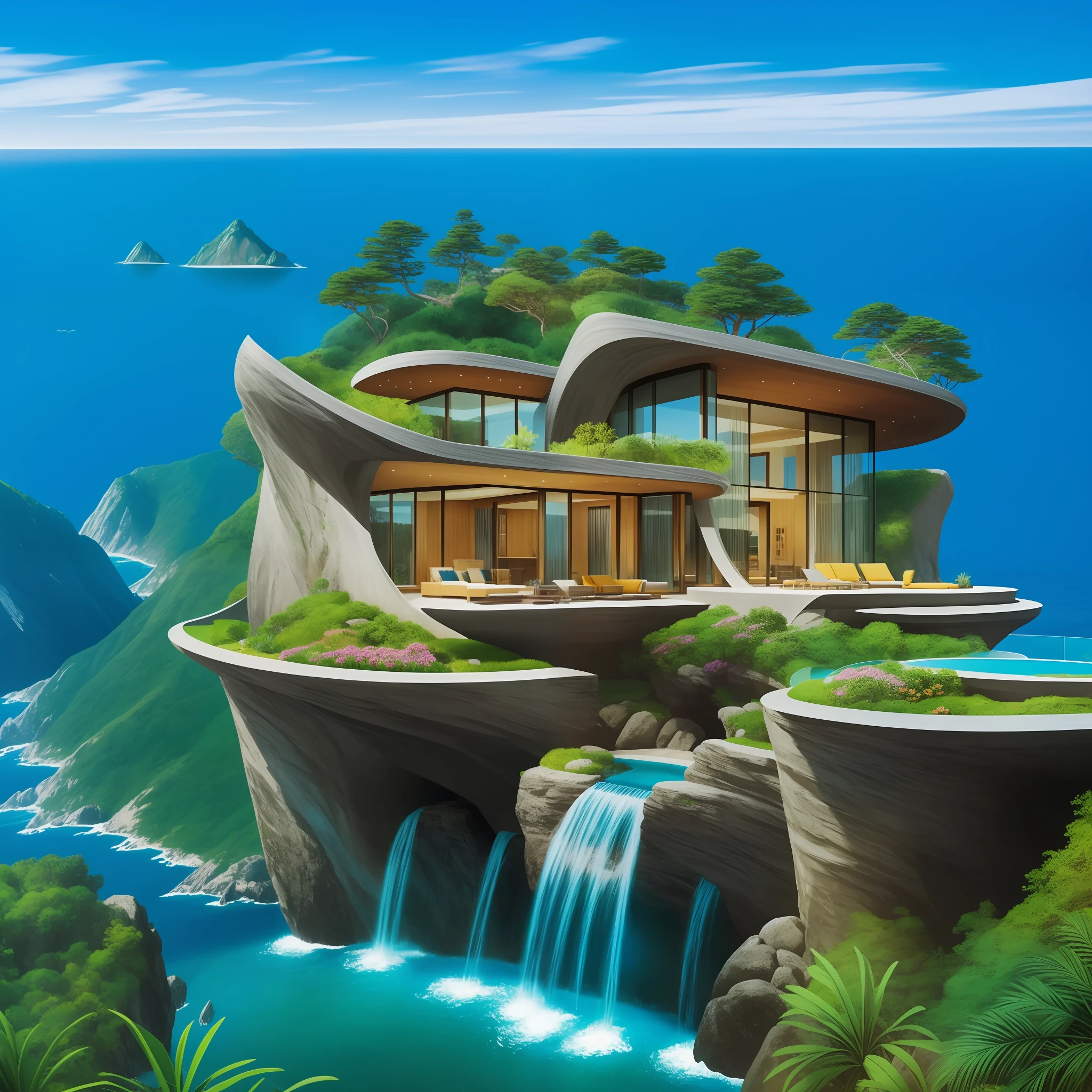 a modern futuristic design large cliff House's with a artificial waterfall and a pool in the middle, nature meets architecture, built around blue ocean, realistic beehive architecture, organic architecture, very close to real nature, breathtaking render, island with cave, stunning architecture, luxury architecture, realistic fantasy render, by Zha Shibiao, epic and stunning, architectural visualization, epic architecture, concept art. 8 k