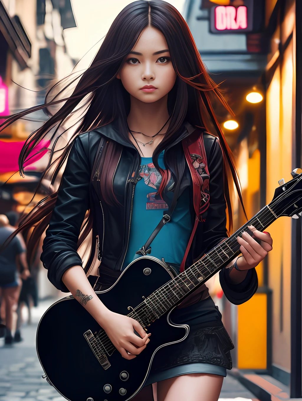 4K, Masterpiece, highres, absurdres,with a edgScene hairstyle,1 girl,solo,long hair, walking street,grab guitar