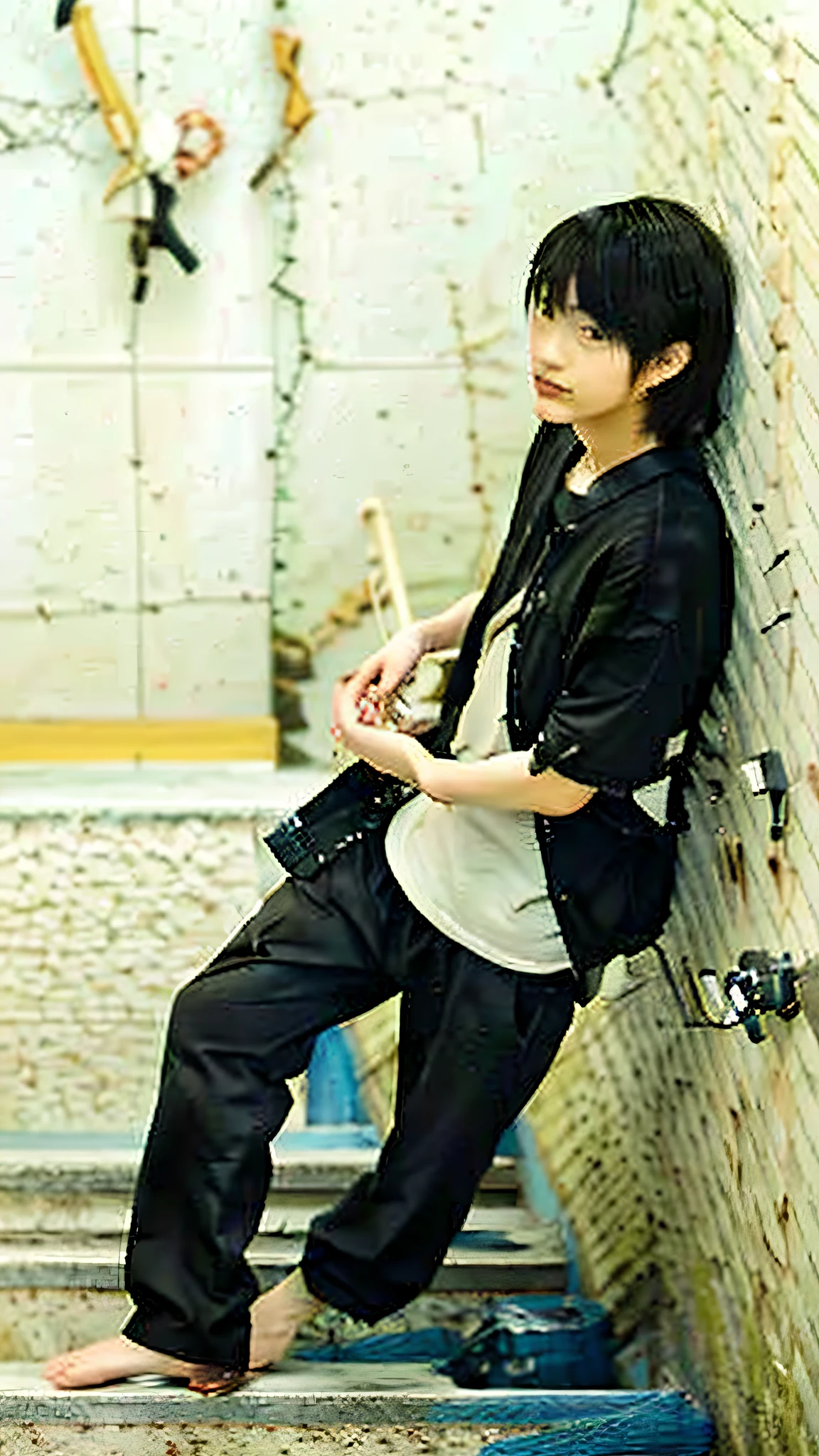 there is a young boy sitting on a stair with a guitar, toru furuya, fukaya yuichiro, yosuke ueno, rin, kousuke oono, tomohiro shimoguchi, kazuma kaneko, hirohiko araki style, style of kentaro miura!!!!, gojo satoru, ((tatsuro yamashita))