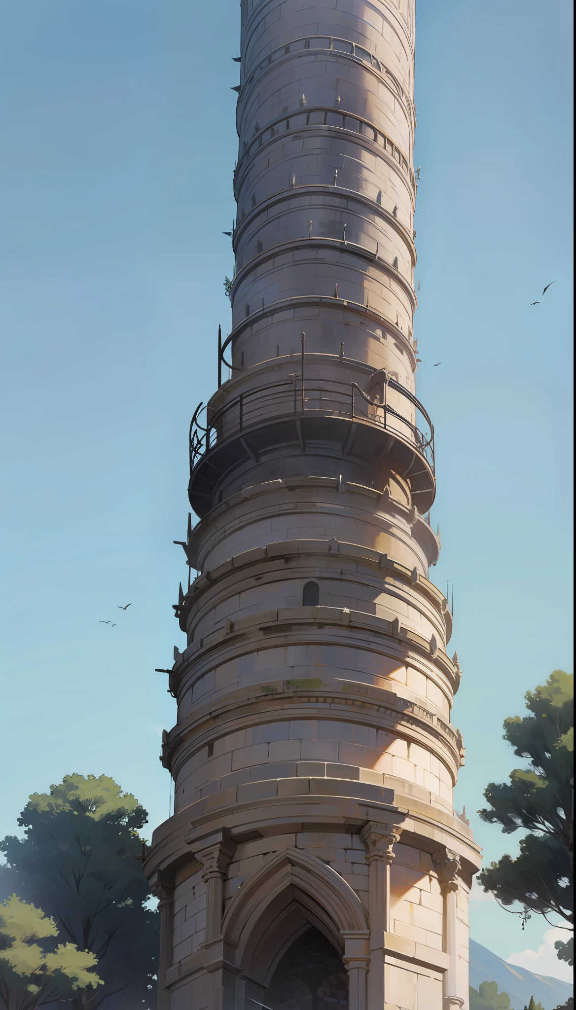 The towering stone tower spirals up and is very high