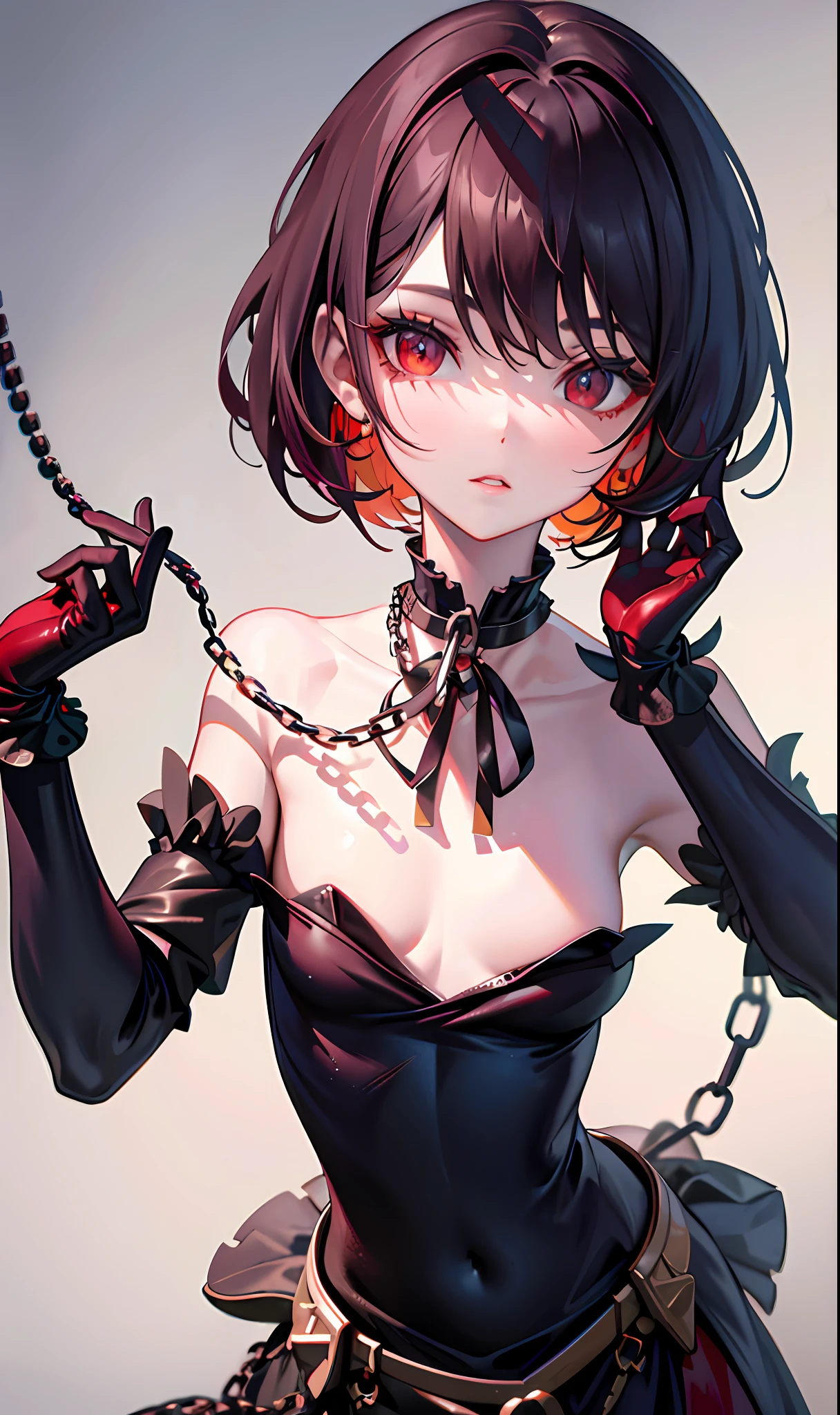 (Masterpiece, Side Light, Fine Beautiful Eyes: 1.2), (Masterpiece* Portrait), Portrait, (Bust), Realistic, Anatomically Correct, 3D Face, Sweet Skin, (Solo), Highlights, Gradient Hair, (Close-up of Face), Cute Face, (Fire Opal General Scarlet Eyes), Hanging Eye Corner, ((High Detail Skin, Visible Pores)), (Perfect Figure), A Beautiful Girl, Small Tits, (((Dress)), (Neck Ring), Very, Very Short Short Glove, (Chain)