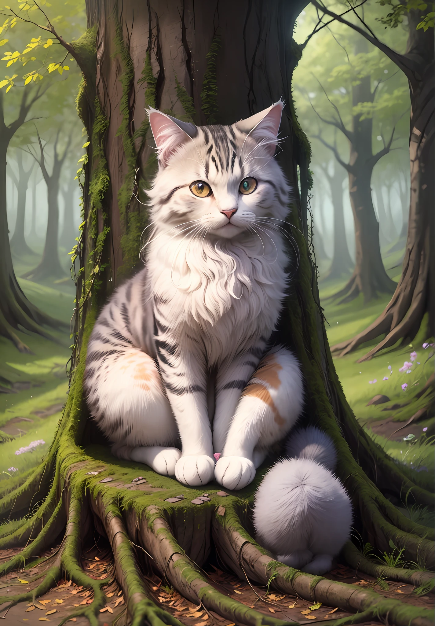 A fluffy cat sits near the roots of a tree on the side of a mountain --auto --s2