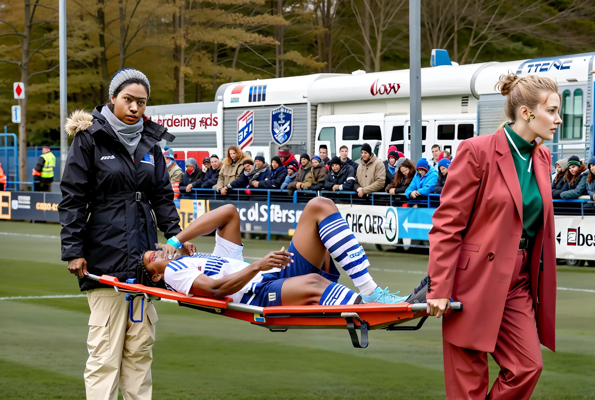 there two madeup women carrying a stretcher, there is a woman in a wetlok laquered downcoat, a woman in a high-shine downcoat, there is a greyhaired woman in a red leather-suit, there is a man on a stretcher being carried by two very madeup women, there is a bearded soccer-player lying on a stretcher, there is a soccer-player on a stretcher with one hand over his face, a soccer-player is lying aon a stretcher and has put one hand over his face, football hooligans, injured, good graphic, warm sunshine, very professional, very sad, 2717433015, 3 4 5 3 1, 555400831, viral photo, photo shot, interesting composition, adventure playground accident