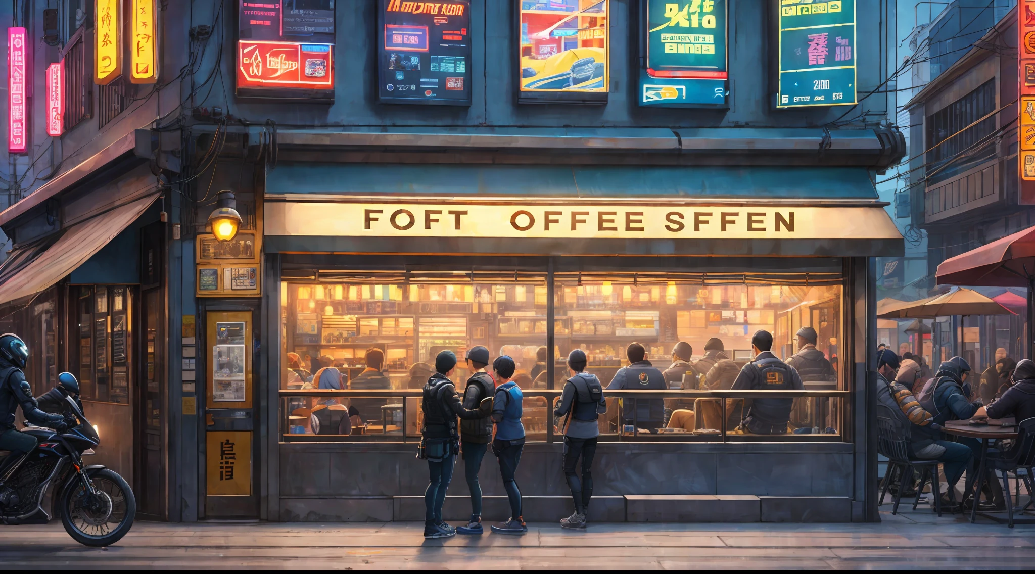 High quality, excellent detailing, 4k, perfect rendering, cyberpunk, street coffee shop, forks, light and dark, first-person perspective, people across the street, prosthetics, short hair, luminescence --auto --s2