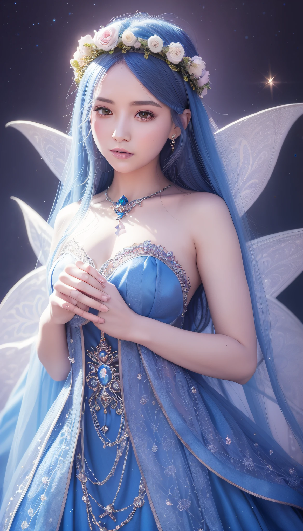 arafed woman in a blue dress with a flower crown, ethereal fantasy, ethereal beauty, ((a beautiful fantasy empress)), a beautiful fantasy empress, fantasy art style, fantasy beautiful, beautiful fantasy art, beautiful fantasy maiden, beautiful goddess, fantasy woman, digital fantasy art ), fantasy photoshoot, beautiful celestial mage, astral fairy, celestial goddess, beautiful sorceress