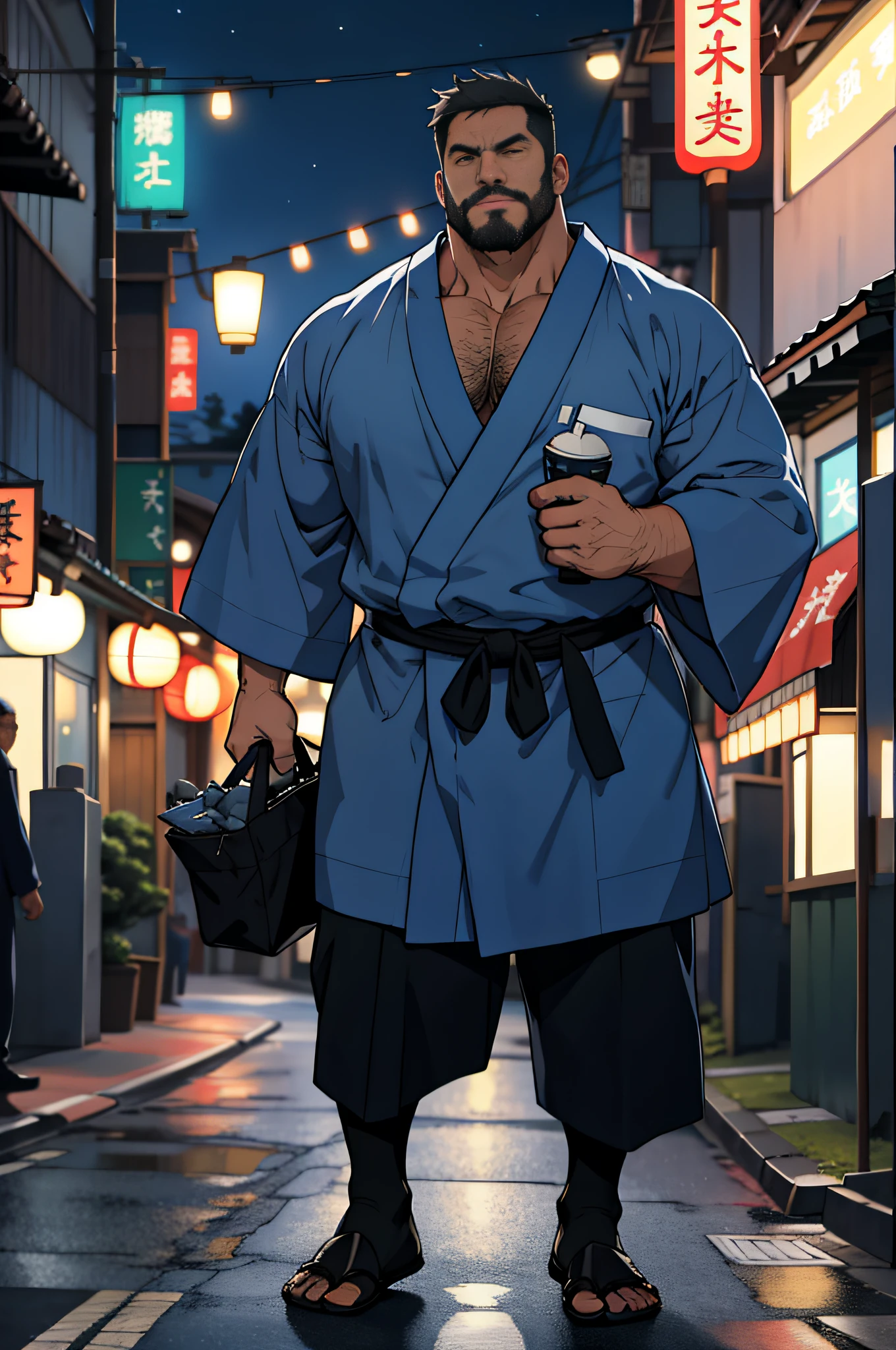 Mature man, best quality, japanese worker, dark blue Japanese bathrobe, energetic, white socks, bad, masterpiece, super high resolution, detailed background, reality, illustration, single, 1 boy, muscle man, beard, street at night, street vendor, muscle, facial hair, volumetric lighting, depth of field, wheezing, raised crotch, handsome action, big dynamic