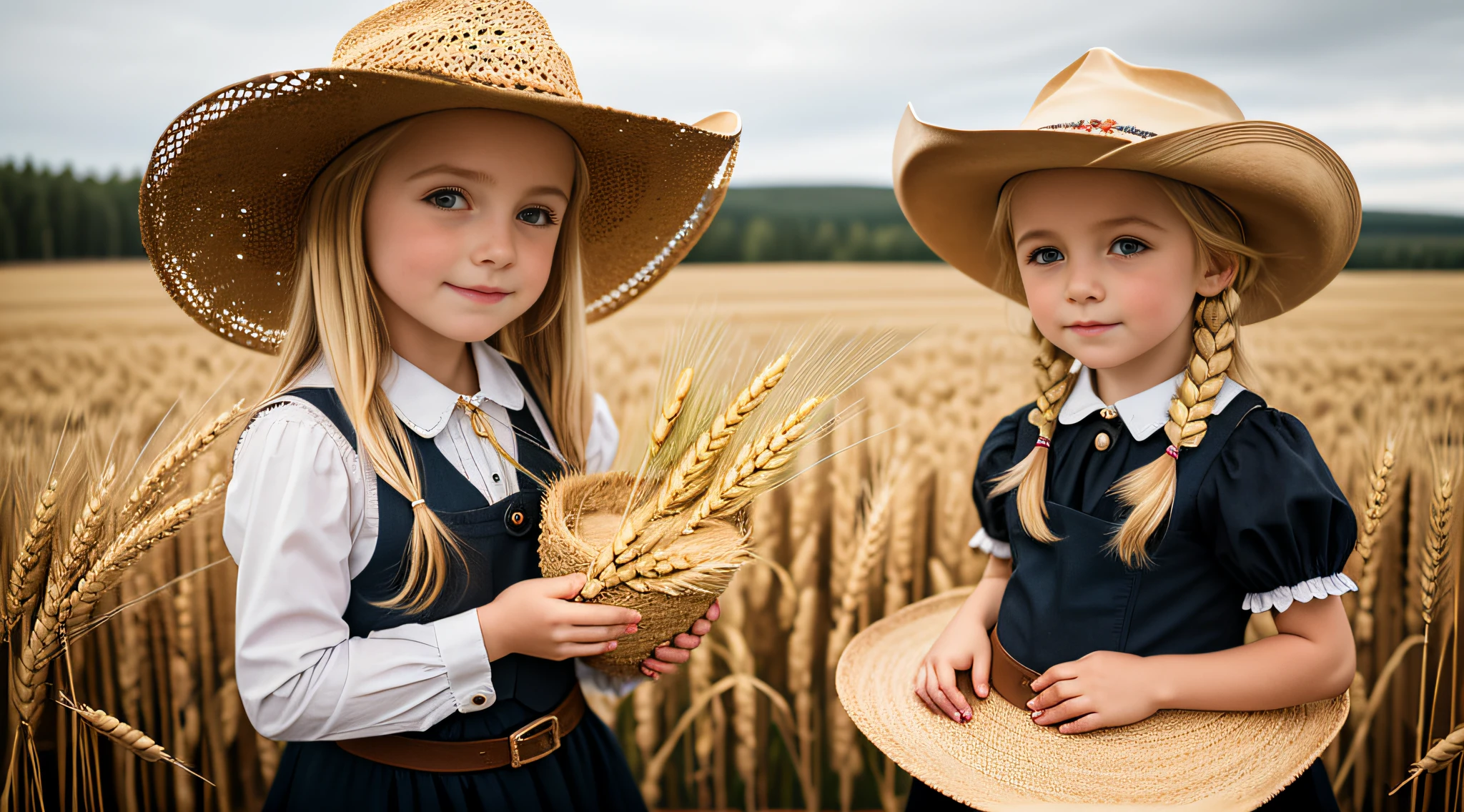 There is a BLONDE CHILD GIRL ************, wearing a hat and holding a lot of wheat, beautiful cowboy witch, cowgirl, portrait of a young witch, cow-girl, cowgirl, with straw hat, portrait of a young witch, Masha Krasnova, with pig's tails.