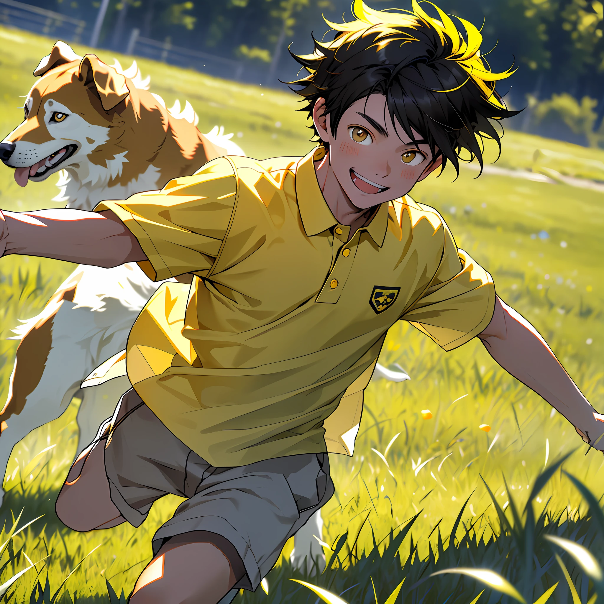 Masterpiece, sophisticated, 8k resolution, 1 boy, black hair, bright eyes, depth of field, shirt open, a yellow dog, yellow hair, forest, happy, smile, run
