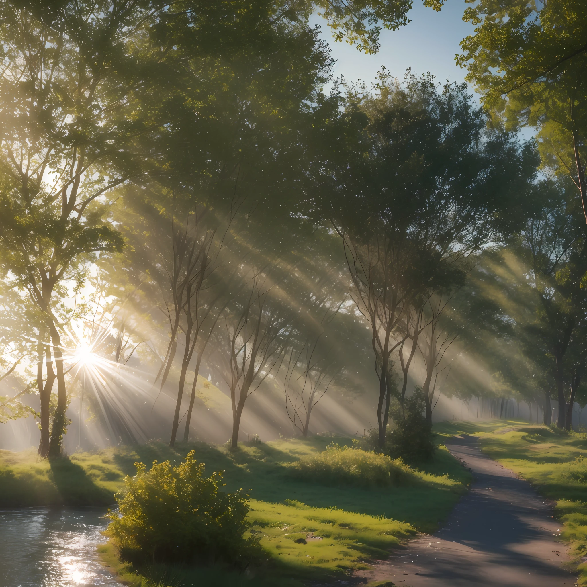 Riachuelo between trees of different colors. The rays of the sun passing between the trees. Photorealistic style, 8k, detailed, hyperdetailed, high quality
