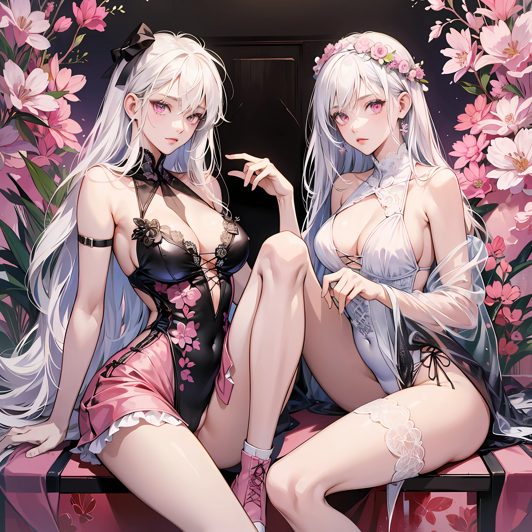 (masterpiece), super high image quality, extreme detail, lace-up swimsuit, white-haired girl, charming pink eyes, slender beautiful legs. --auto --s2
