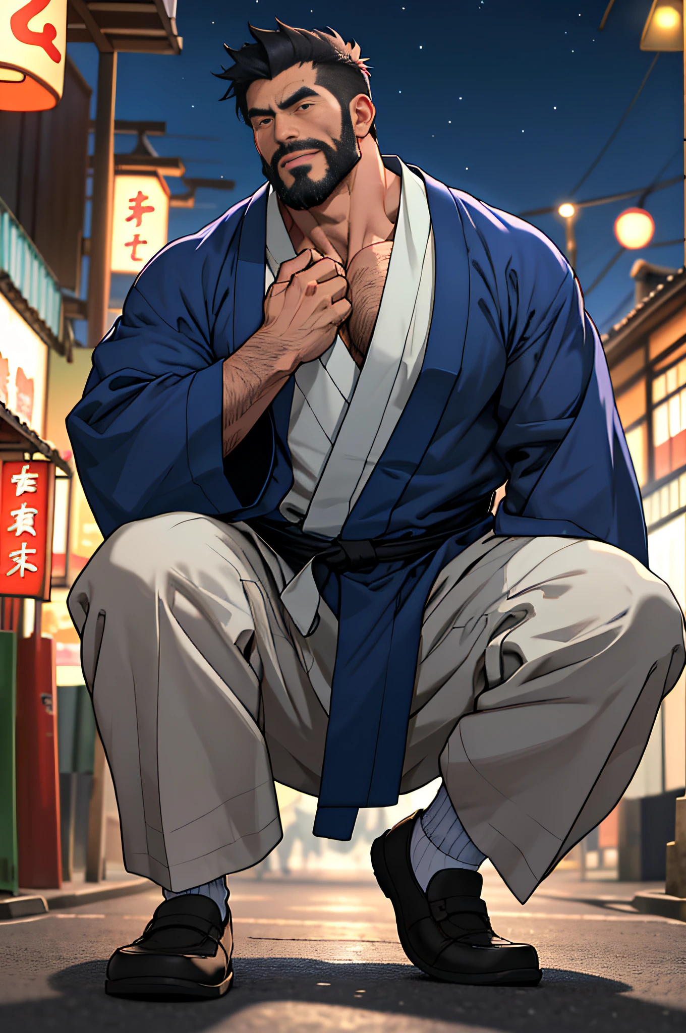 Mature man, best quality, japanese worker, dark blue Japanese bathrobe, energetic, white socks, bad, masterpiece, super high resolution, detailed background, reality, illustration, single, 1 boy, muscle man, beard, street at night, street vendor, muscle, facial hair, volumetric lighting, depth of field, wheezing, raised crotch, handsome action, big dynamic