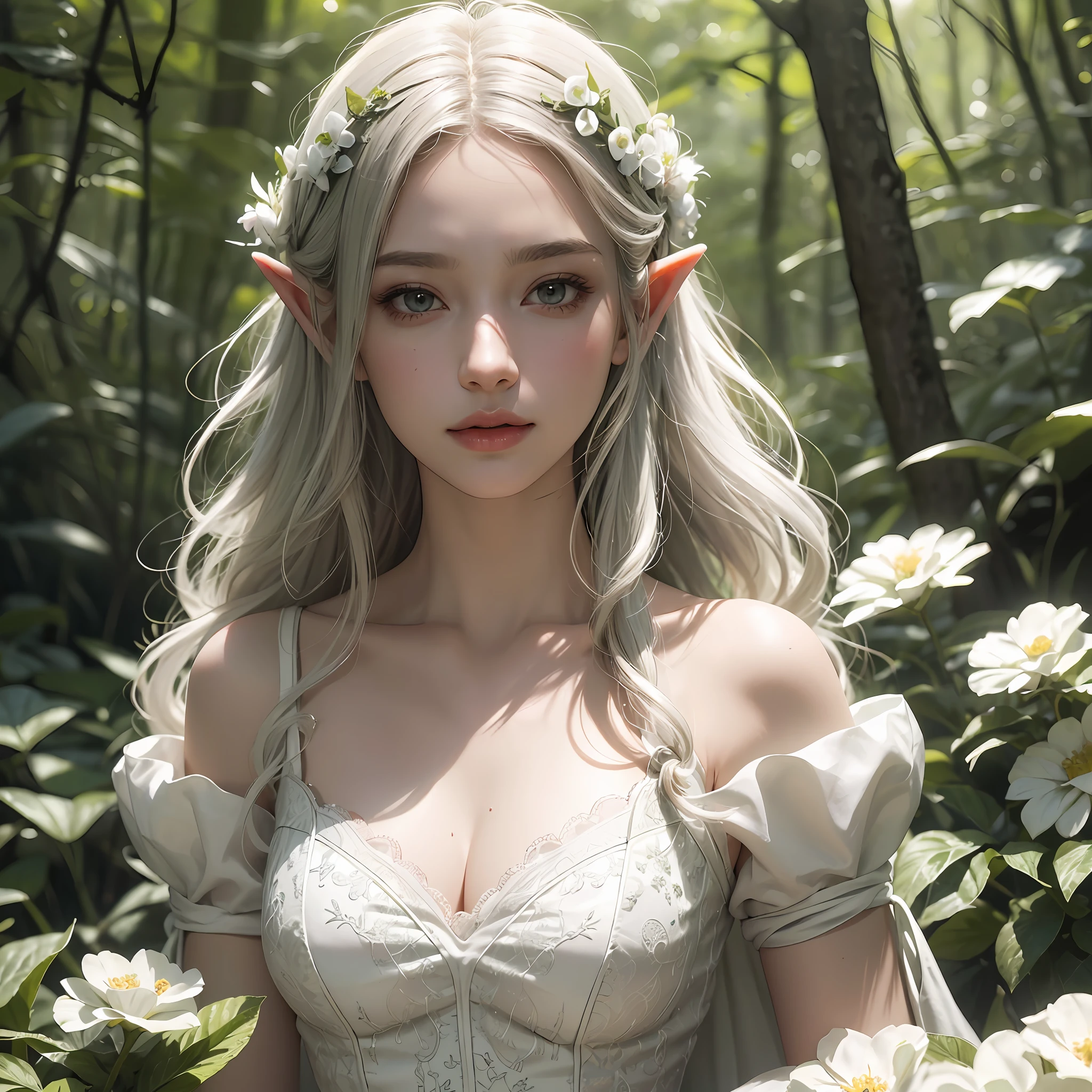 Elf, Elegant, Flowing, (White Gauze Dress: 1.4), Real Hair, Forest Moss, Flower Field, Magical Atmosphere, (Off-White Curls: 1.4), (Detailed Skin, Skin Texture: 1.4)), Ultradetailed (Intricate Detail, Fine Detailed, Hyperdetailed), Ray Tracing, Subsurface Scattering, (Fantasy Underworld on Background), Diffuse Soft Lighting, Shallow Depth of Field, Sharp Caus, (Realistic Photo Quality: 1.4) ,8K，