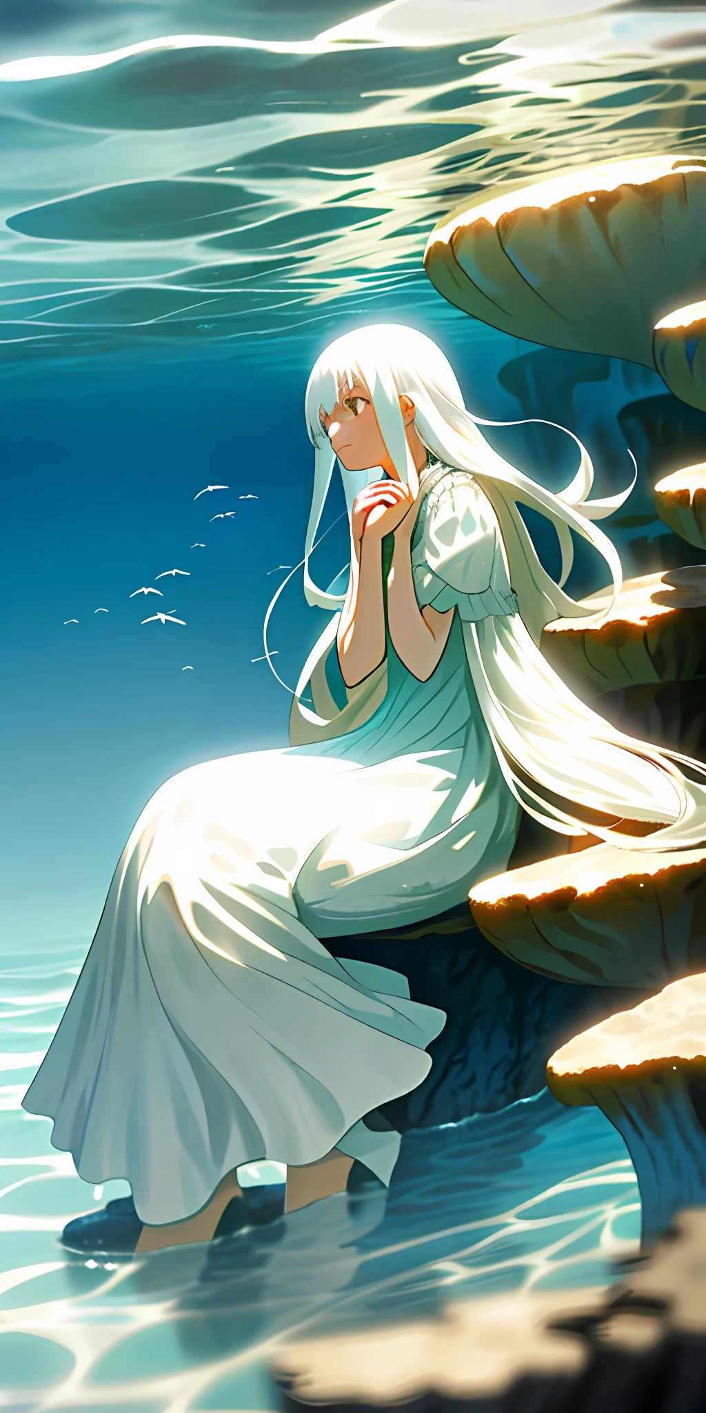 (Masterpiece, best quality), 1 long girl with white hair sitting on a reef in the middle of the sea, her hands under her chin, gentle looking, warm lighting, white dress, blurred foreground