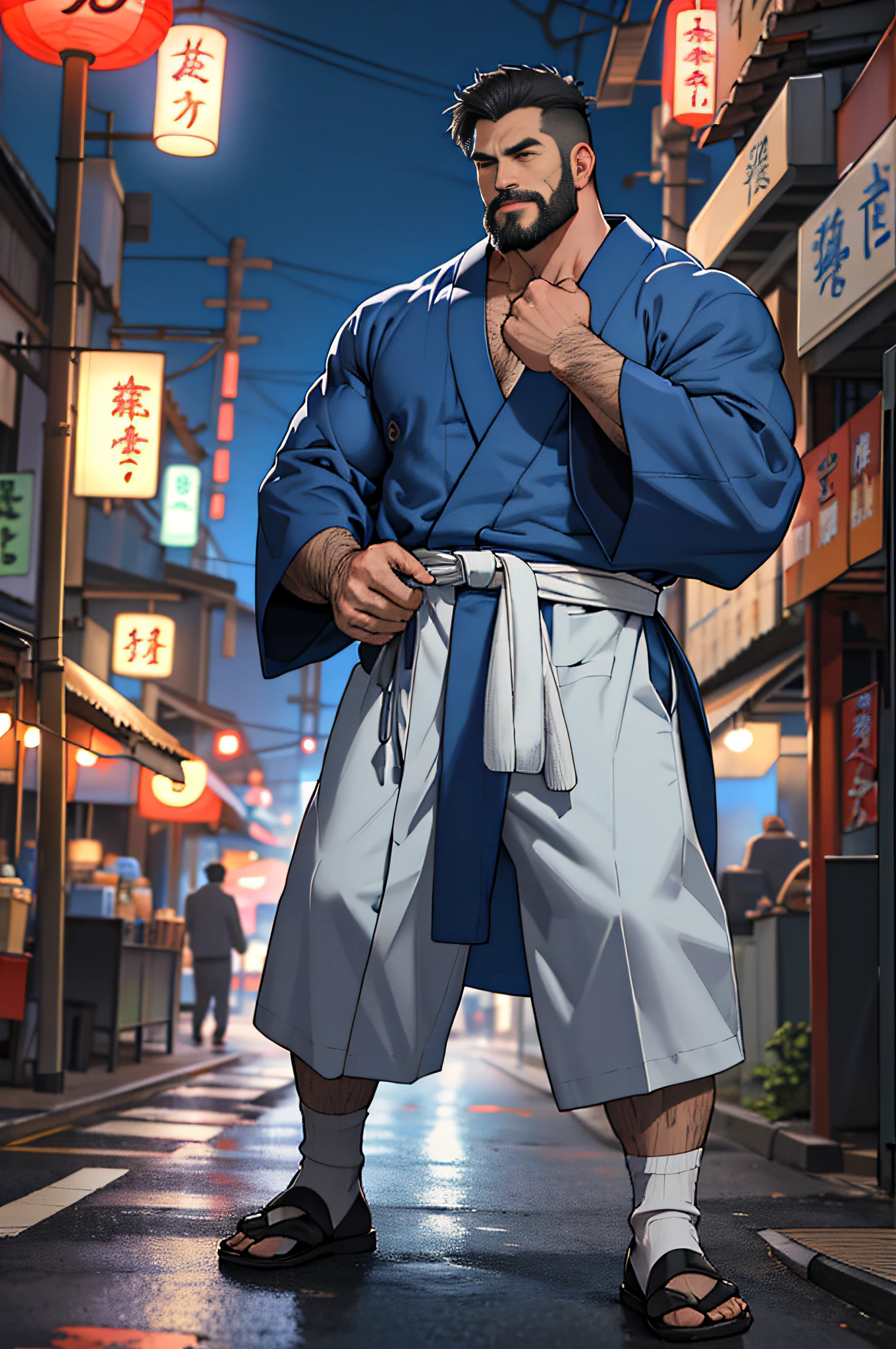 Mature man, best quality, japanese worker, dark blue Japanese bathrobe, energetic, white socks, bad, masterpiece, super high resolution, detailed background, reality, illustration, single, 1 boy, muscle man, beard, street at night, street vendor, muscle, facial hair, volumetric lighting, depth of field, wheezing, raised crotch, handsome action, big dynamic