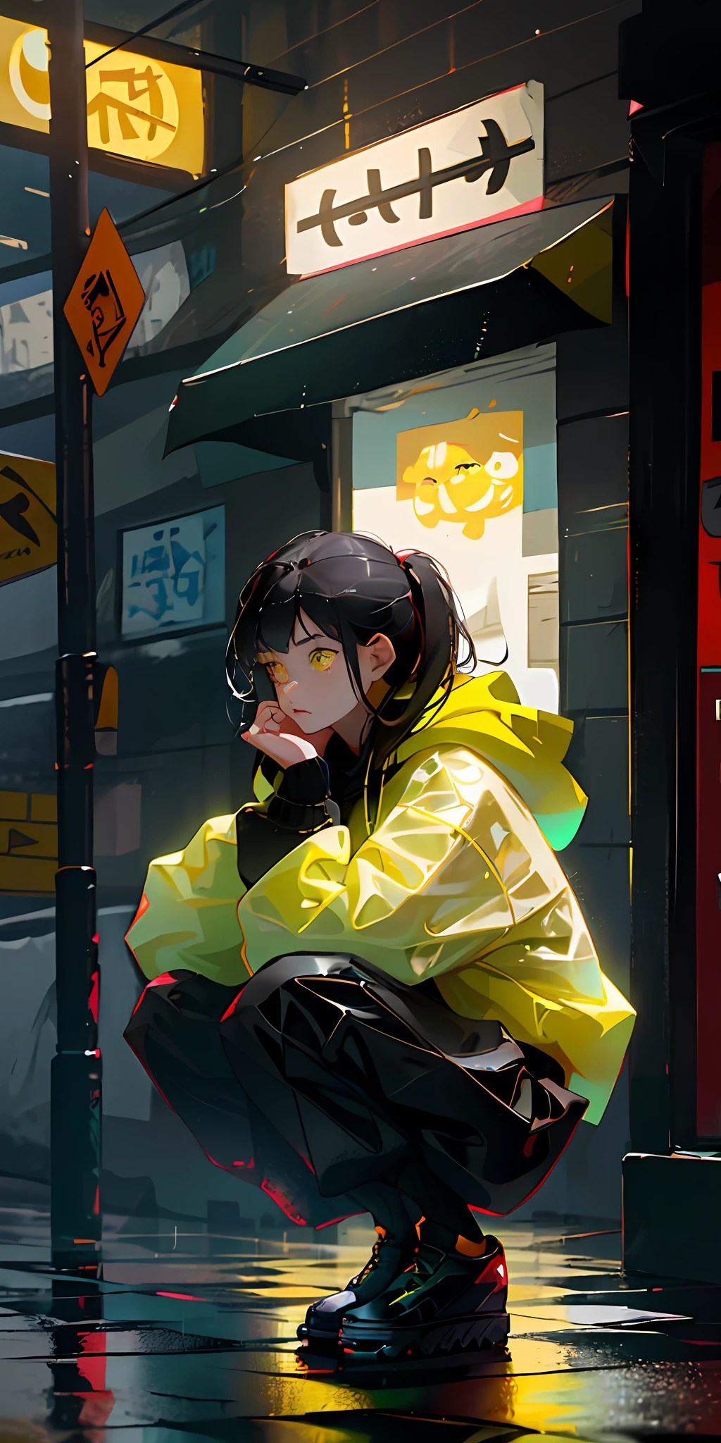 1 girl, square, yellow eyes, circles under the eyes, tired look, squatting on an abandoned street, black hoodie, black pants, black shoes, rain, downpour, dark colors, side view