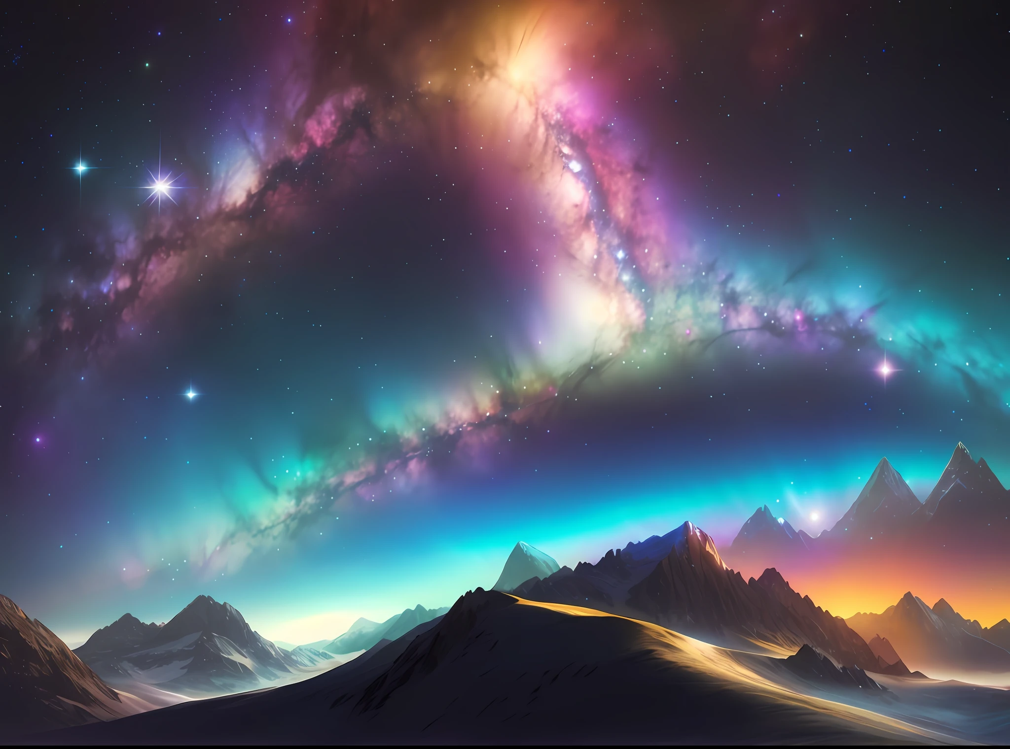 starry night sky with a mountain and a distant galaxy, galactic landscape, cosmic landscape, cosmic and colorful, cosmic colors, galactic light colors, space landscape, beautiful space, amazing wallpaper, endless cosmos in the background, magnificent background, epic beautiful space scifi, colorful night sky, extraordinary colorful landscape, epic dreamlike fantasy landscape, cool smooth space colours, space colors